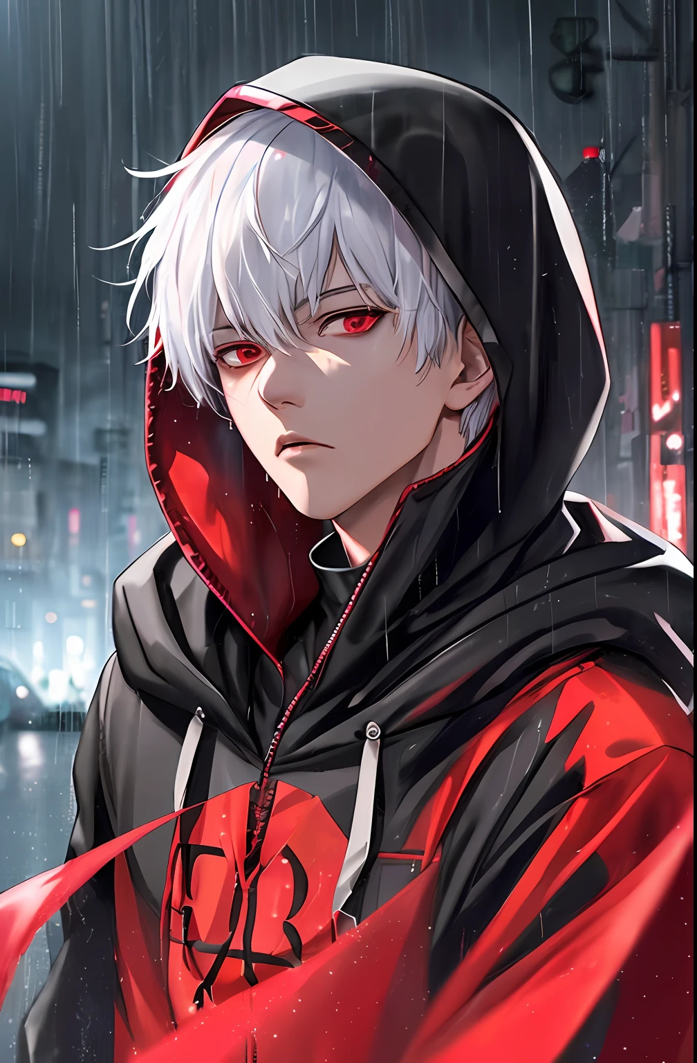 kk, best quality, more details, masterpiece, 1boy, kaneki ken, portrait, male focus, red eyes, solo, bangs, looking at viewer, hood, short hair, rain, tokyo tokyo \(city\),  hood up, nail polish, white hair, luxurious, 8k, detailed, ray tracing, depth of field, cinematic lighting,