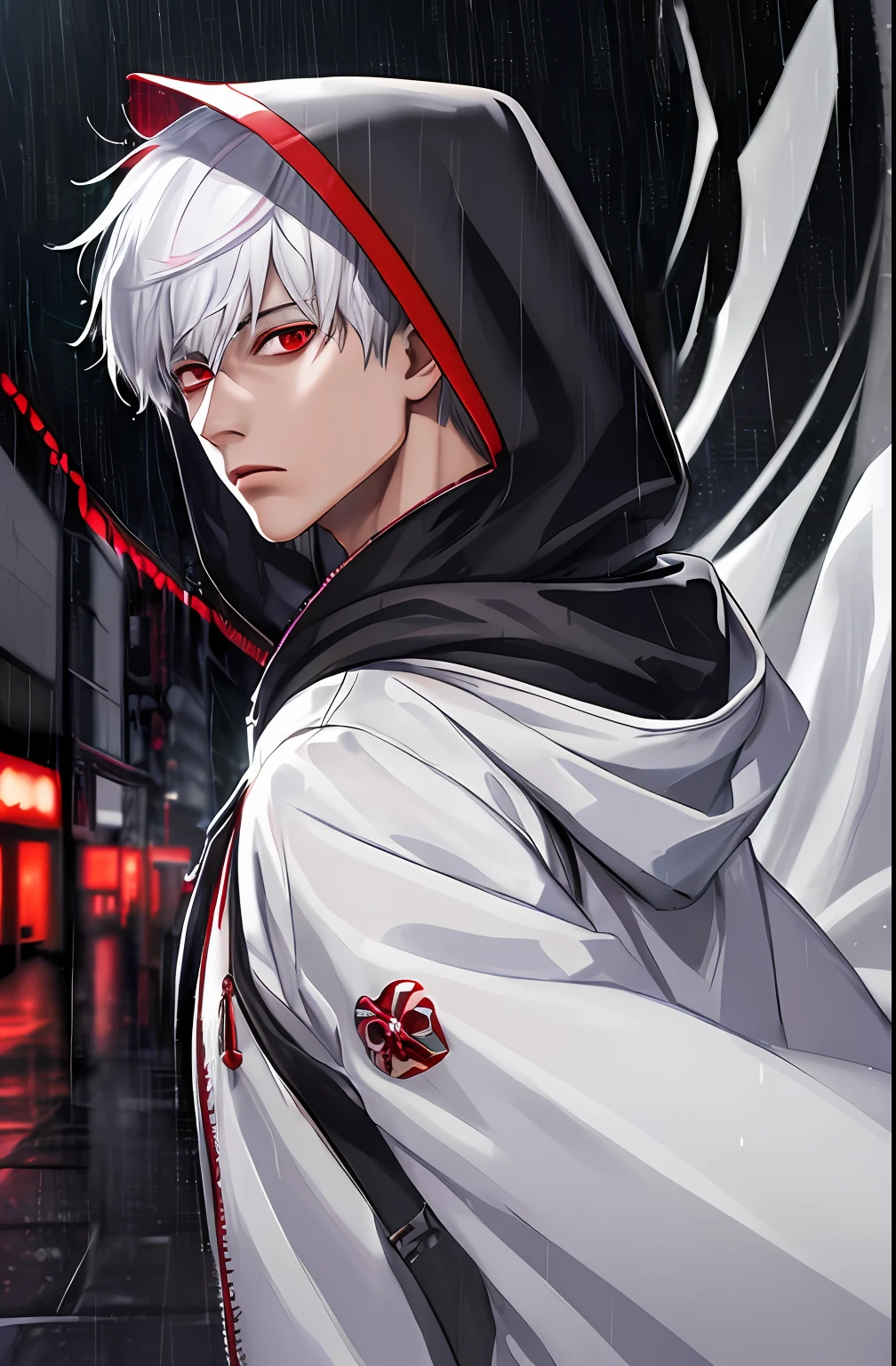 kk, best quality, more details, masterpiece, 1boy, kaneki ken, portrait, male focus, red eyes, solo, bangs, looking at viewer, hood, short hair, rain, tokyo tokyo \(city\), hood up, nail polish, white hair, luxurious, 8k, detailed, ray tracing, depth of field, cinematic lighting,