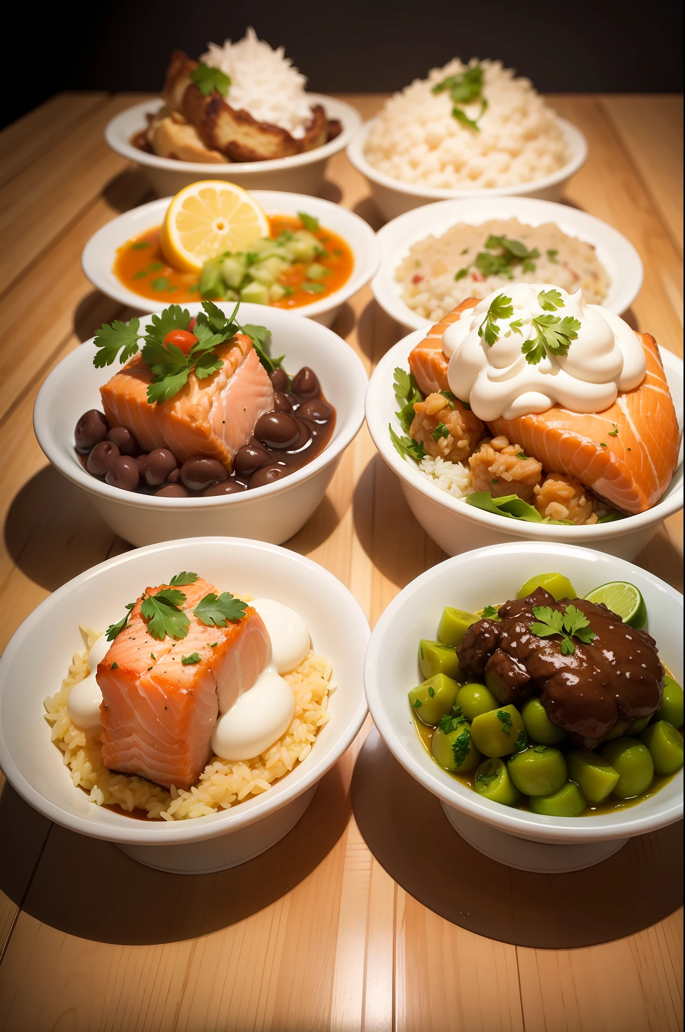 four bowls of food with salmon, ervilhas e arroz neles, imagem de comida super realista, resultado de fotografia altamente detalhado, Fotografia de comida de alta qualidade, fotografia profissional de alimentos, foto de comida profissional, Fotografia de comida HD.