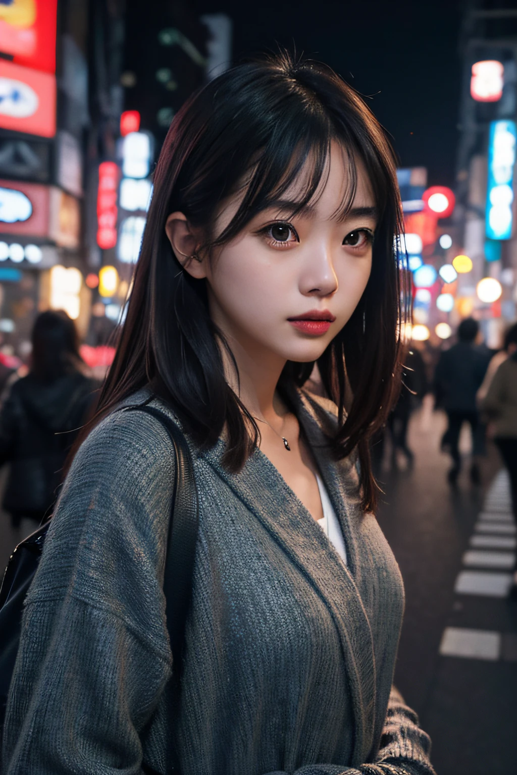 1girl, Tokyo street,night, cityscape,city lights, upper body,close-up, 8k, RAW photo, best quality, masterpiece,realistic, photo-realistic,