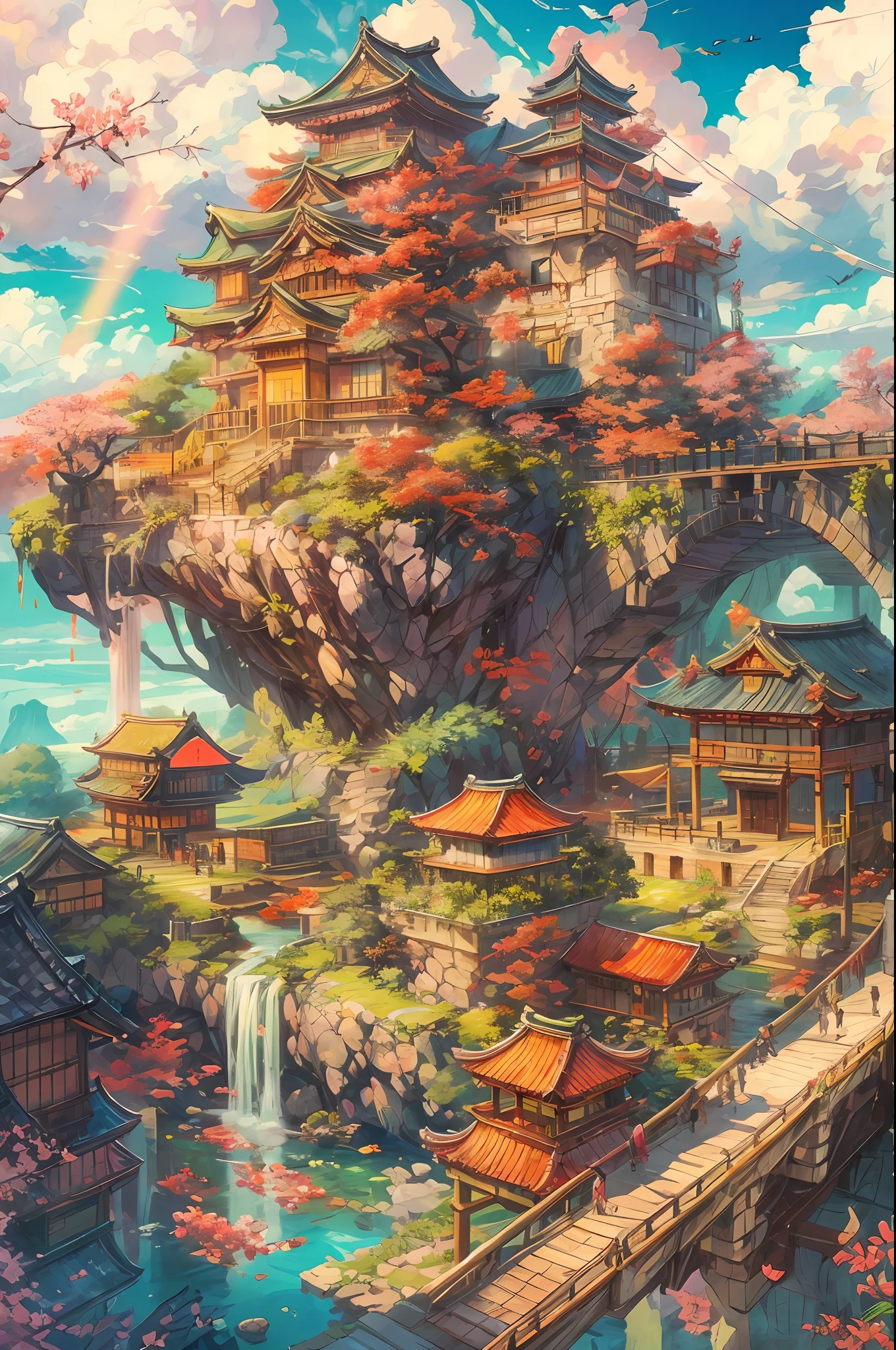 "A breathtaking Japanese-style fortress on a floating sky island, bathed in warm sunlight and surrounded by fluffy clouds, showcasing vibrant and captivating colors. Masterpiece."