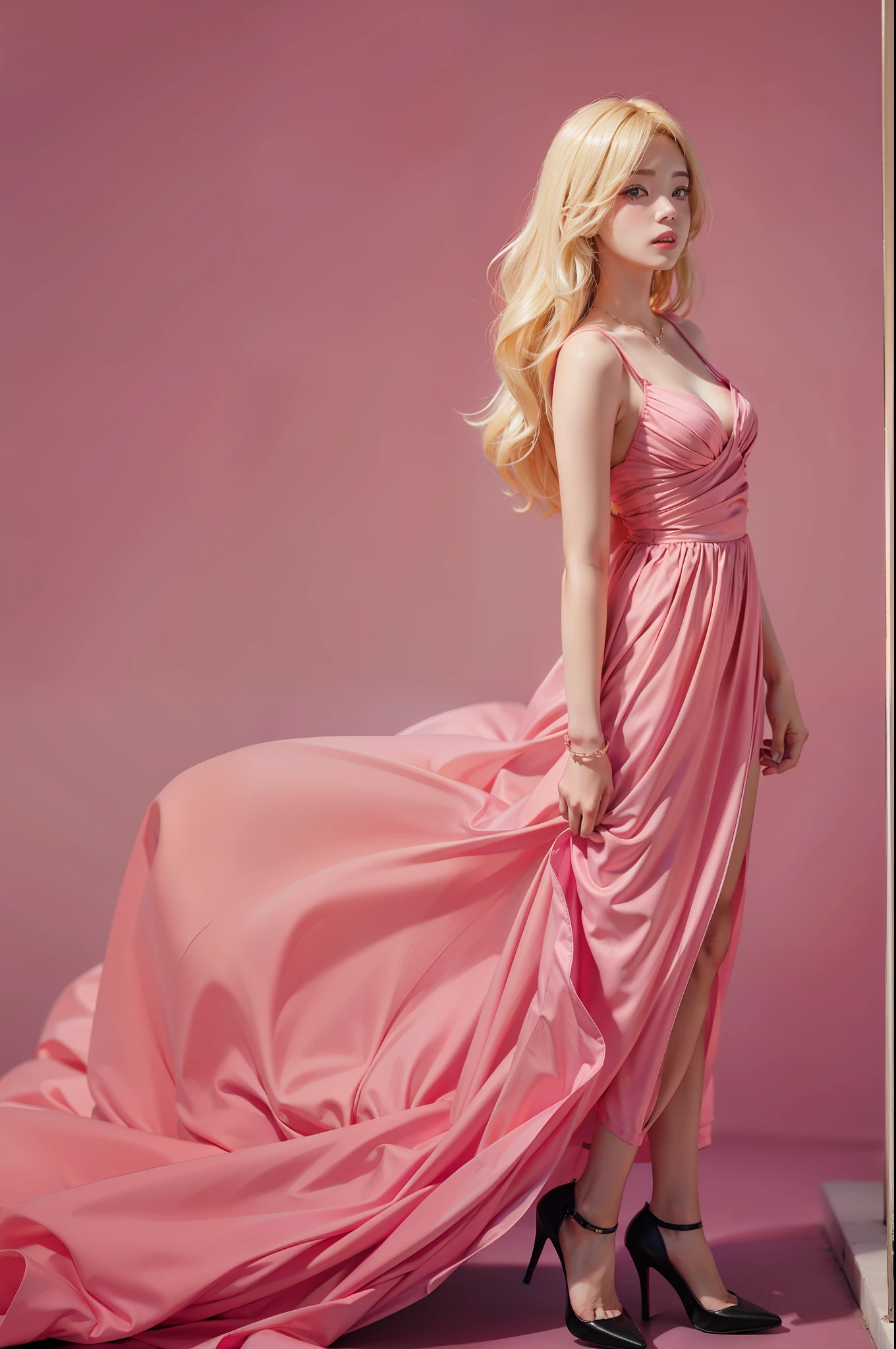 Long blonde girl, Wear a pink dress, Dark pink background