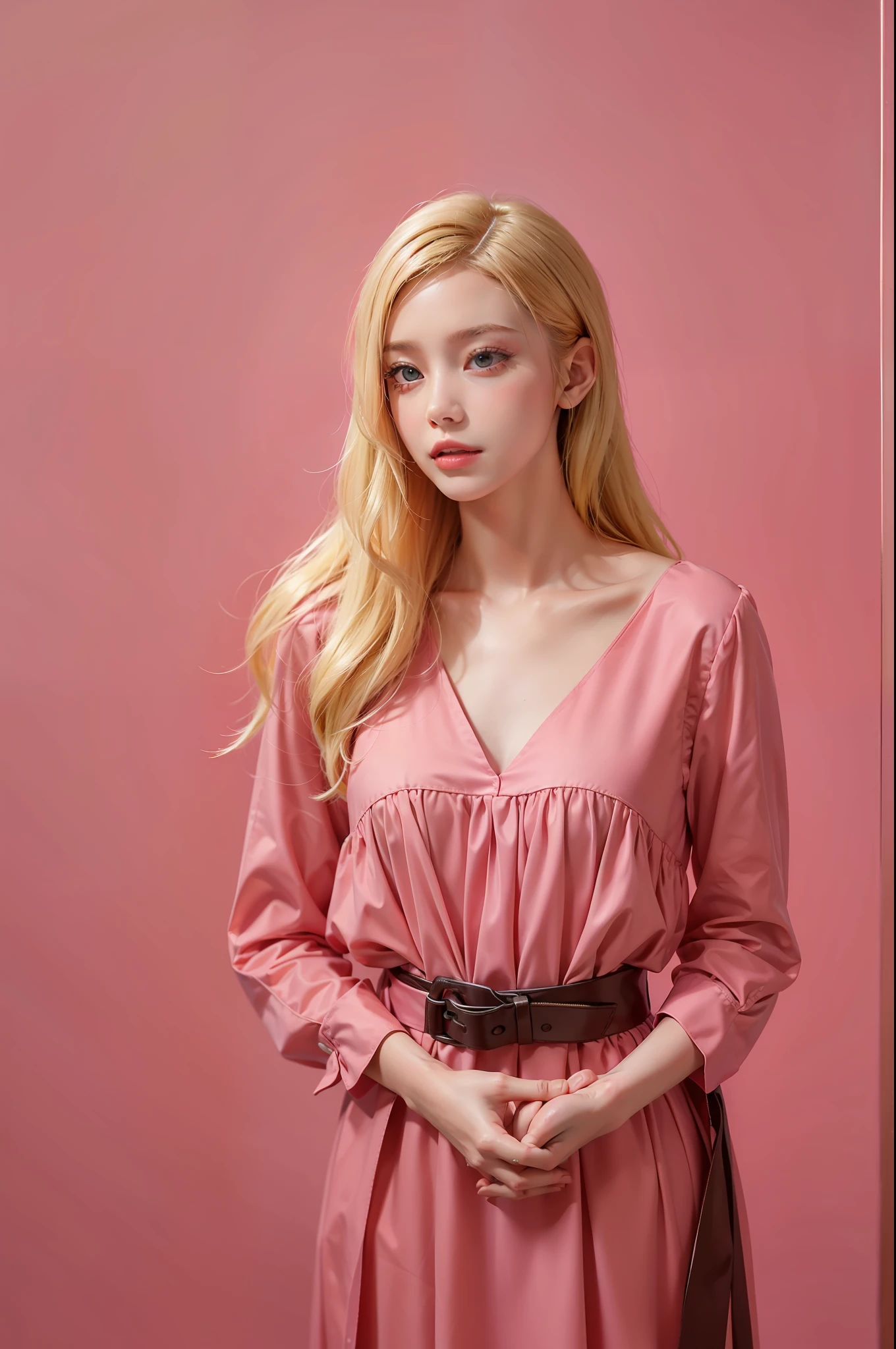Long blonde girl, Wear a pink dress, Dark pink background