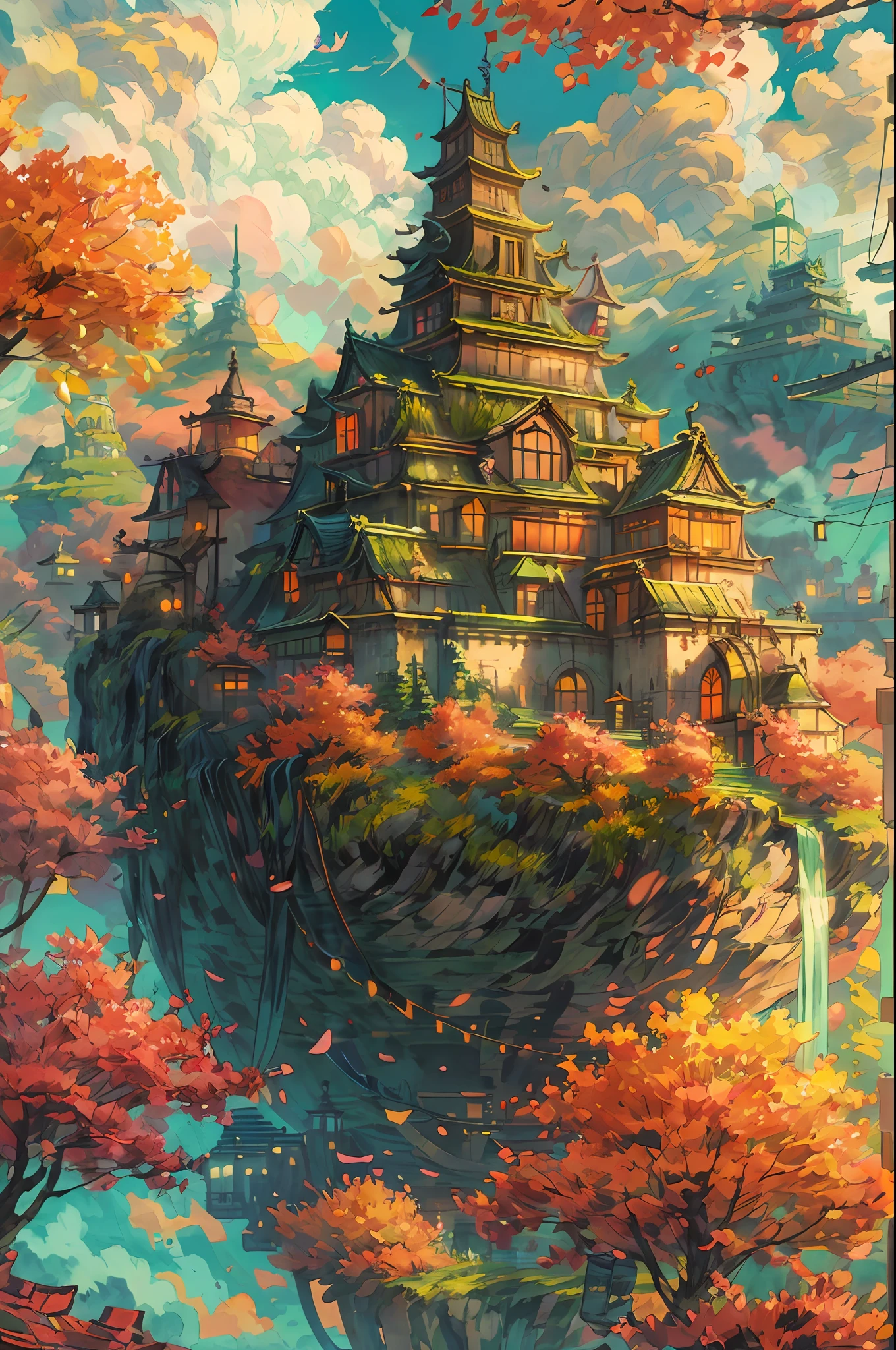 "A majestic castle on a floating sky island, reminiscent of a japanese-style fortress, suspended above fluffy clouds, basking in the warm glow of the sun, radiating vibrant colors. Masterpiece."