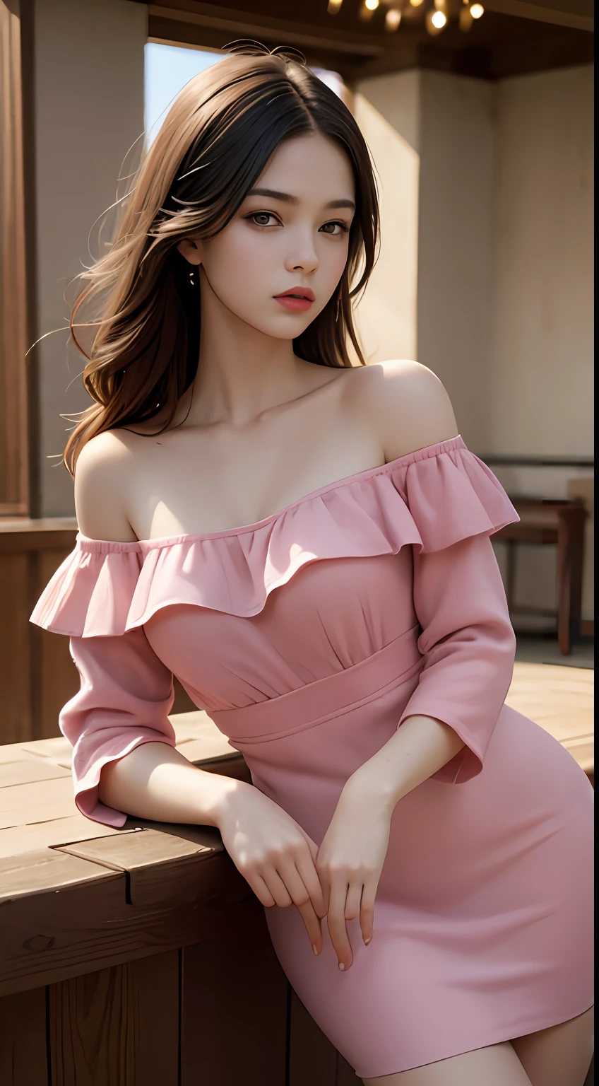 Best Quality, Masterpiece, Ultra High Resolution, (Realisticity: 1.4), Original Photo, 1girl, Pink Off-the-Shoulder, Cinematic Lighting