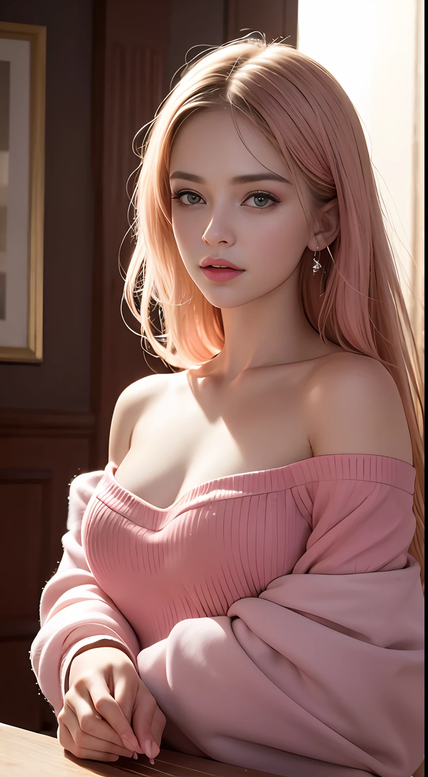 Best Quality, Masterpiece, Ultra High Resolution, (Realisticity: 1.4), Original Photo, 1girl, Pink Off-the-Shoulder, Cinematic Lighting