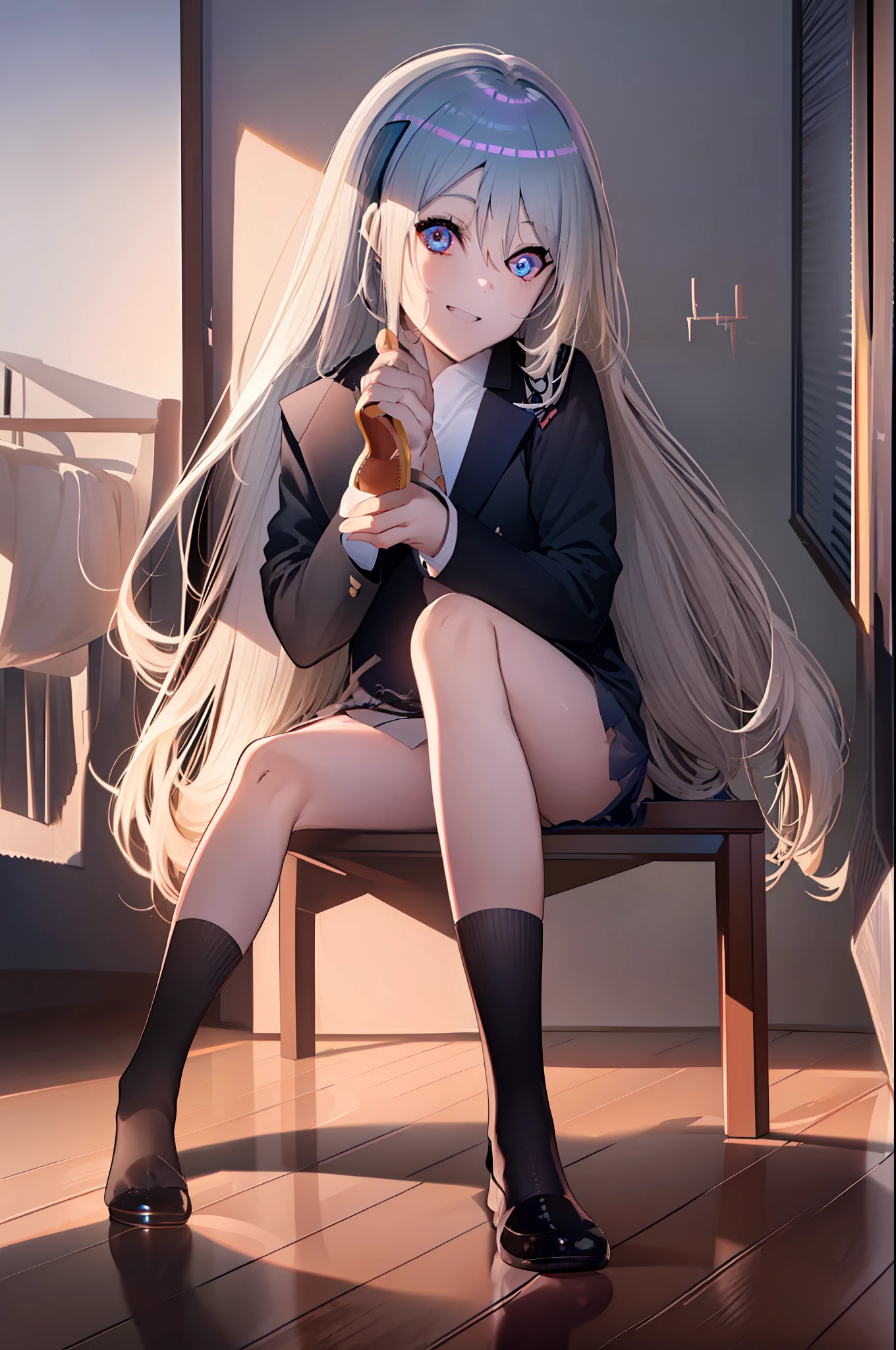 (((((obra-prima))))), (((((melhor qualidade))))), High, ((((1Kei)))), ((((((Ultra-detailed blue hands and eyes)))))), ((((1girl)))), ((Formoso)), ((((((((((black women's long socks)))))))))), ((((((((((She's sitting on a wooden chair inside a room)))))))))), ((((((((((Sorriso feminino e cativante)))))))))), (((((She's charismatic))))), (((cabelo longo))), ((((sozinha)))), ((((((Uma garota com cabelo grisalho longo e olhos azuis)))))), (((fita))), (((franja))), (((鎖骨))), ((((cabelo grisalho)))), (((faixa de cabelo preta))), (((neck ribbon))), (((cabelo entre os olhos))), ((((middlebreasts)))), ((((There is only one person)))), ((((adolescente de 15 anos)))), ((((((uniforme escolar feminino camisa branca jaqueta preta jaqueta aberta saia preta longa e meias pretas longas)))))), ((((((corpo completo anatomicamente correto)))))), ((((((((((pernas femininas normais cruzadas completas e detalhadas com meias femininas pretas longas)))))))))), ((usa sapatos pretos)), ((Detailed full scenario)), ((mystery)), ((Tempo tenso)), Postura equilibrada, blush sutil | | | | | | | | | |, Pingente de cristal BREAK golden hour, (Rim lighting): 1.2, tons quentes, Brilho solar, sombras suaves, cores vibrantes, painterly effect, dreamy atmosphere BREAK scenic lake, salgueiro, reflection, nuvens iluminadas pelo sol, Tranquil setting, idyllic sunset, Ultra Detalhado, Arte Oficial, Unity 8k papel de parede, Zentangle, mandala, ((((((((((Escreva como titulo Focos de vida perfeitamente))))))))))