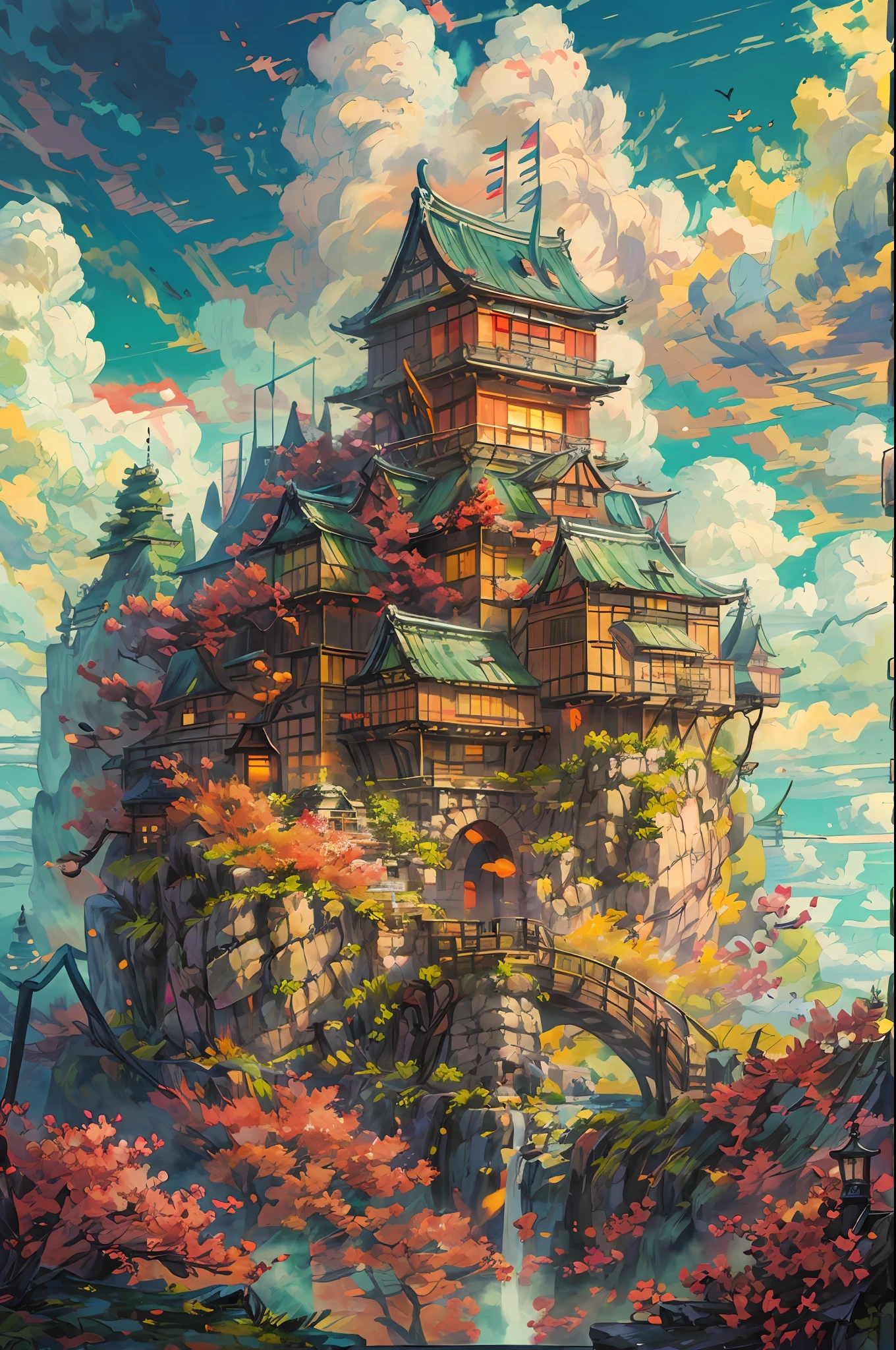 "A majestic castle  on a floating sky island, reminiscent of a japanese-style fortress, suspended above fluffy clouds, basking in the warm glow of the sun, radiating vibrant colors. Masterpiece."