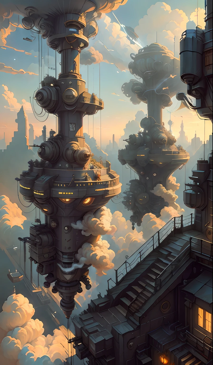 Look down from above，((masterpiece)),((best quality)),((high detial)),((realistic,)) the street，steampunc，spaceship，Clouds