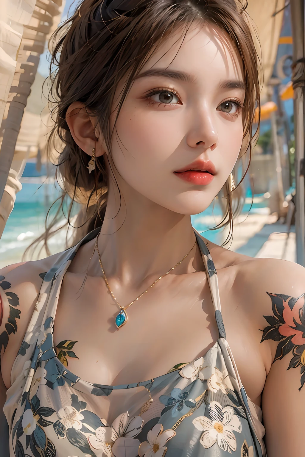 photorealistic, high resolution, 1women, solo, hips up, look at viewer, (detailed face), summer wear, tattoo, beach, jewelry