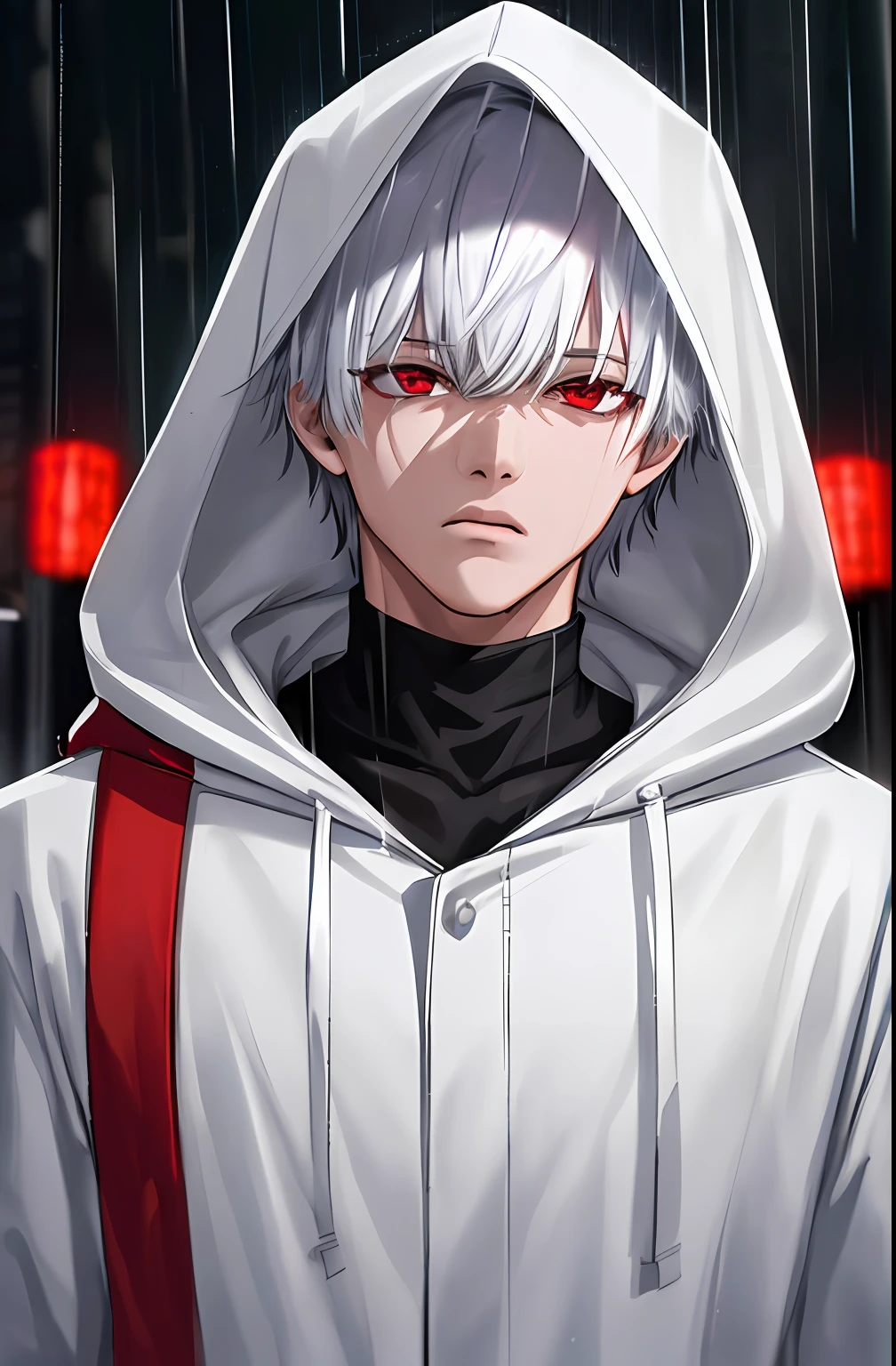 kk, best quality, more details, masterpiece, 1boy, kaneki ken, portrait, male focus, red eyes, solo, bangs, looking at viewer, hood, short hair, rain, tokyo tokyo \(city\),  hood up, nail polish, white hair, luxurious, 8k, detailed, ray tracing, depth of field, cinematic lighting,