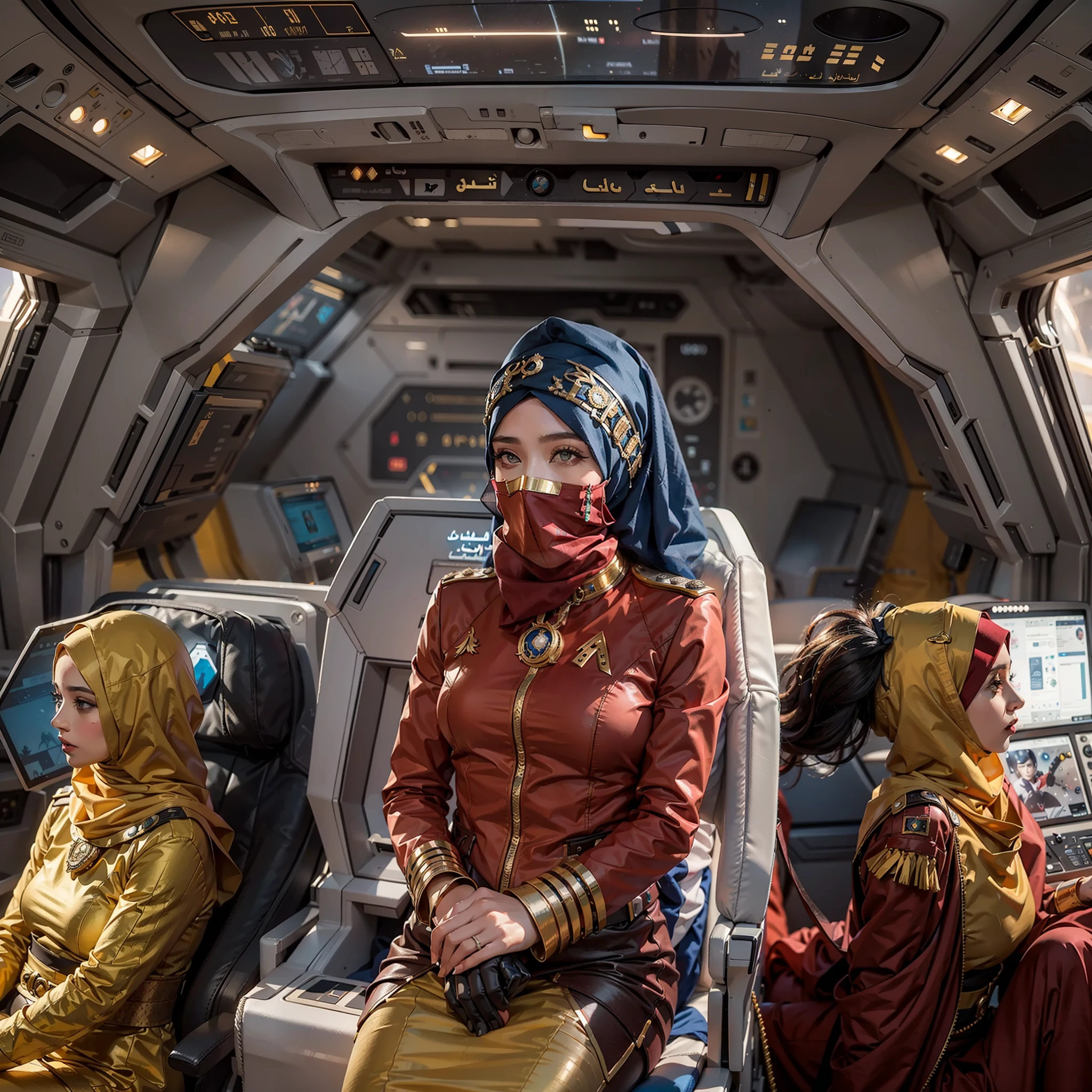 Arabic version《Star-Trek》,Female version《Star-Trek》,Arab female version of James,Arabic hijab,Veil masked,Arabian luxury Starfleet gold livery,Sitting in the cockpit of the Enterprise,The Arab women's version of Spock and the Arab women's version of McCoy,Wear an Arabic headscarf,Veil masked,Wearing an Arabian luxury blue uniform and a red uniform,Stand behind him,The Arabic version of high-tech enterprises travels through space,High-tech and Arabic style,All high-tech masks are worn