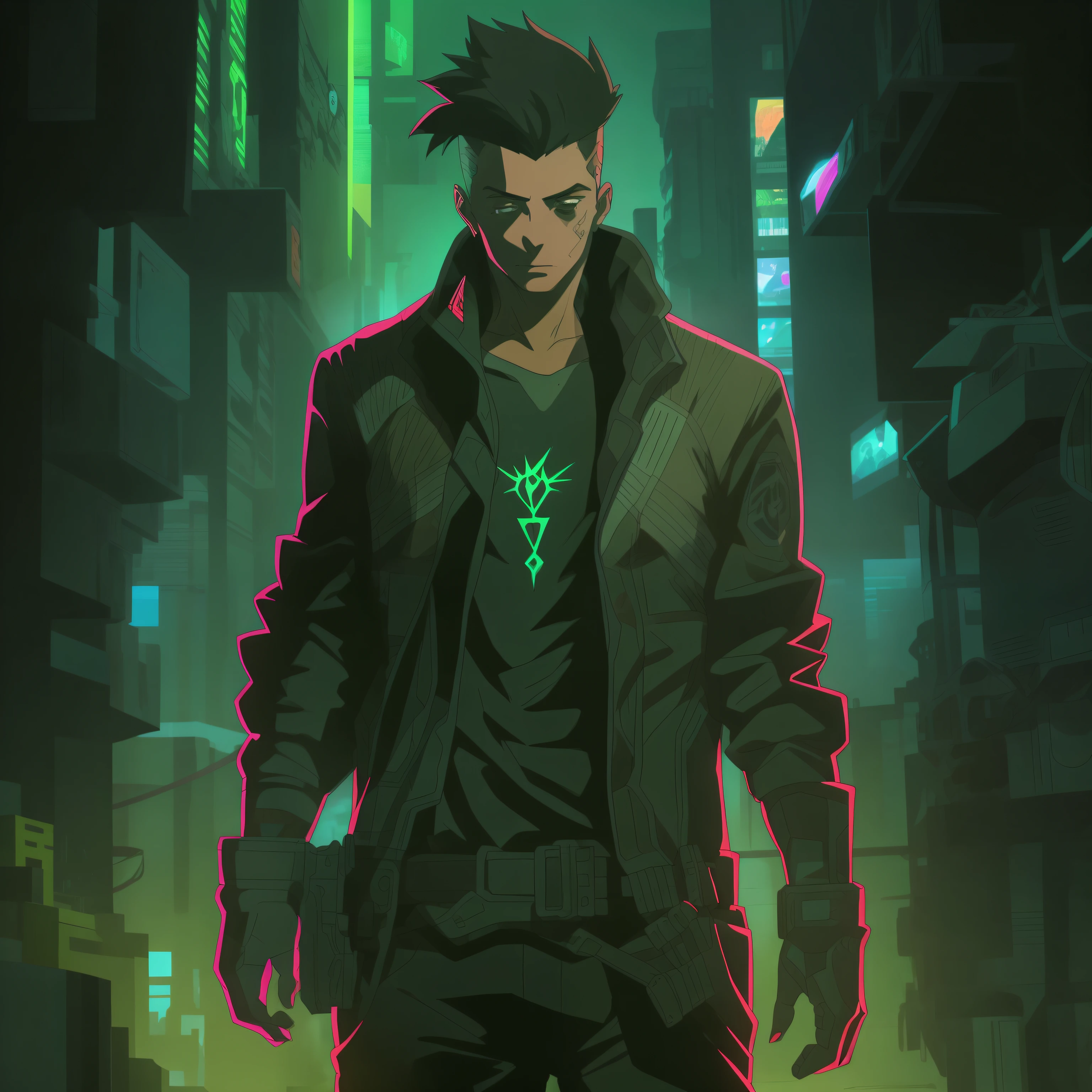 Crie a arte de um personagem humano jovem masculino, vestindo camiseta, jaqueta de trincheira longo da cor preta, inspirado no jogo Shadowrun, Fantasy Cyberpunk Noir