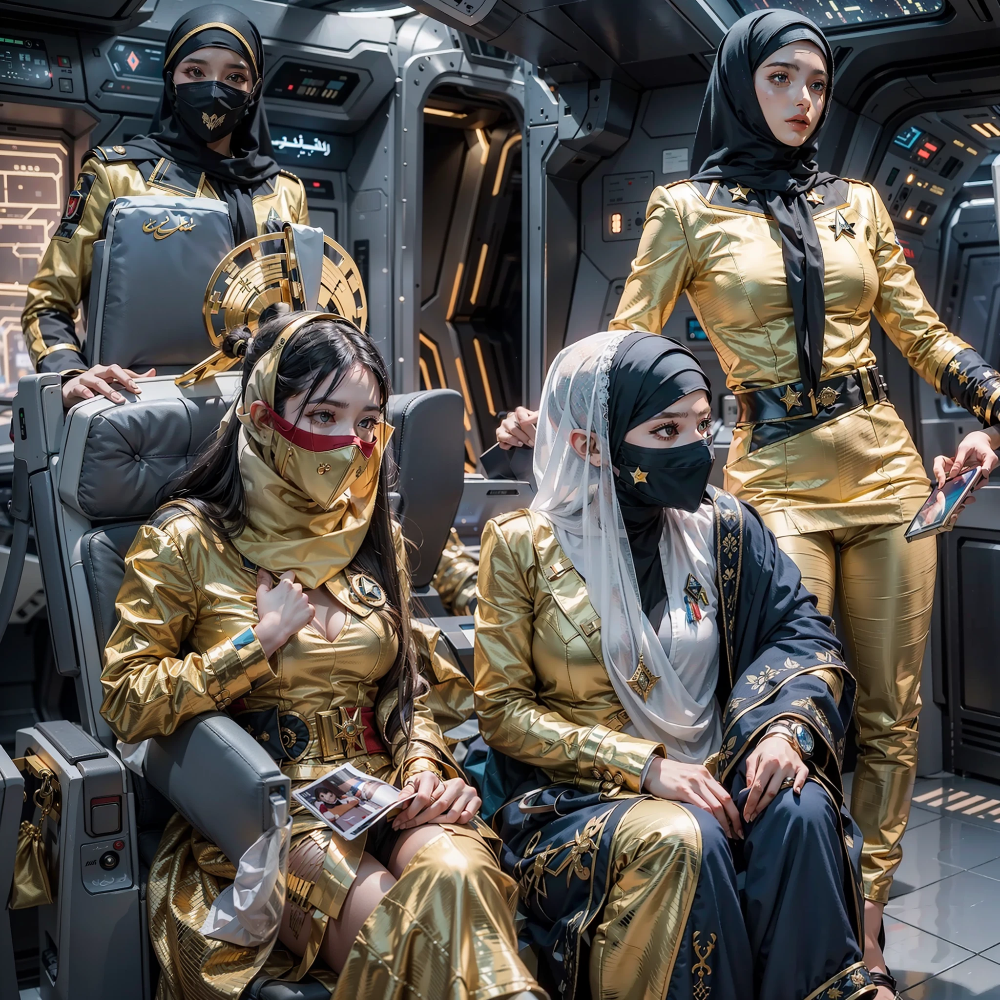 Arabic version《Star-Trek》，Female version《Star-Trek》，Arab female version of James，Arabic hijab，Veil masked，Arabian luxury Starfleet gold livery，Sitting in the cockpit of the Enterprise，The Arab women's version of Spock and the Arab women's version of McCoy，Wear an Arabic headscarf，Veil masked，Wearing an Arabian luxury blue uniform and a red uniform，Stand behind him，The Arabic version of high-tech enterprises travels through space，High-tech and Arabic style，All high-tech masks are worn