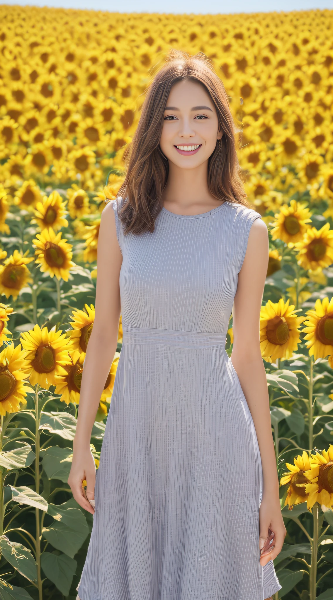 ((top-quality、8K、masterpiece:1.3))、sharp:1.2、Perfect Body Beauty:1.4、Slim abs:1.2、Big、Beautiful face、A smile、((casual dress:1.3))、(Sunflower field background:1.2)、Straight hair、Highly detailed facial and skin texture、A detailed eye、Aspect of looking at the camera、portlate