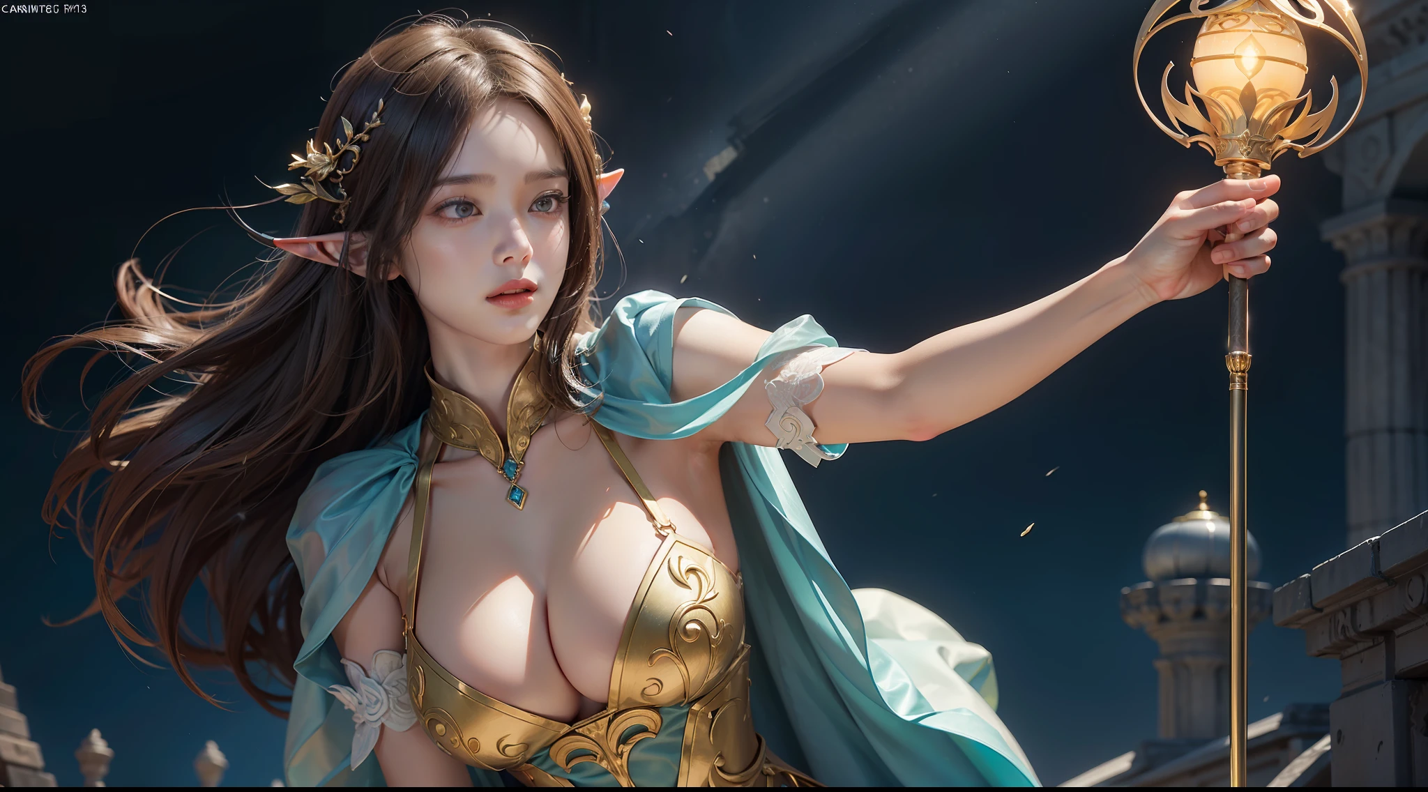 tmasterpiece,top-quality,best qualityer,offcial art,Beauty and aesthetics:1.2),(tmasterpiece:1.3), (8K, realisticlying, RAW photos, best qualtiy: 1.4), beauitful face, (photorealiscic face),超高分辨率, Ultra photo realsisim, highly detailed, the golden ratio, (Award-winning digital artwork:1.3) af (sketching:1.3),(with dynamism:1.3),(Saturation:1.3),(Close portrait:1.3),illusory engine, (High detail: 1.9),(femele:1.4),(big breasts beautiful: 1.4),(carismatic:1.3),Huge ruins,speleothems,the night,Female elf,half-body shots,Large breasts,(Close portrait:1.3),illusory engine, (High detail: 1.9),volumettic light,(((Glowing scepter)))
