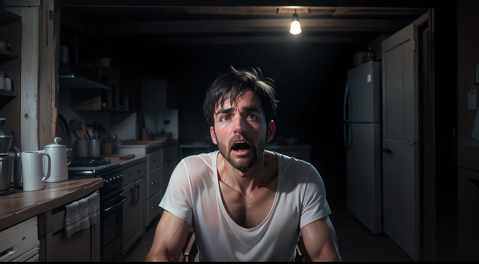 ultra realistic 8k image of a 37 year old man, short black hair, dressed in a simple white t-shirt and black shorts, horrified, sitting on a chair in a dark humble farmhouse kitchen with a terrified expression, night, completely dark environment