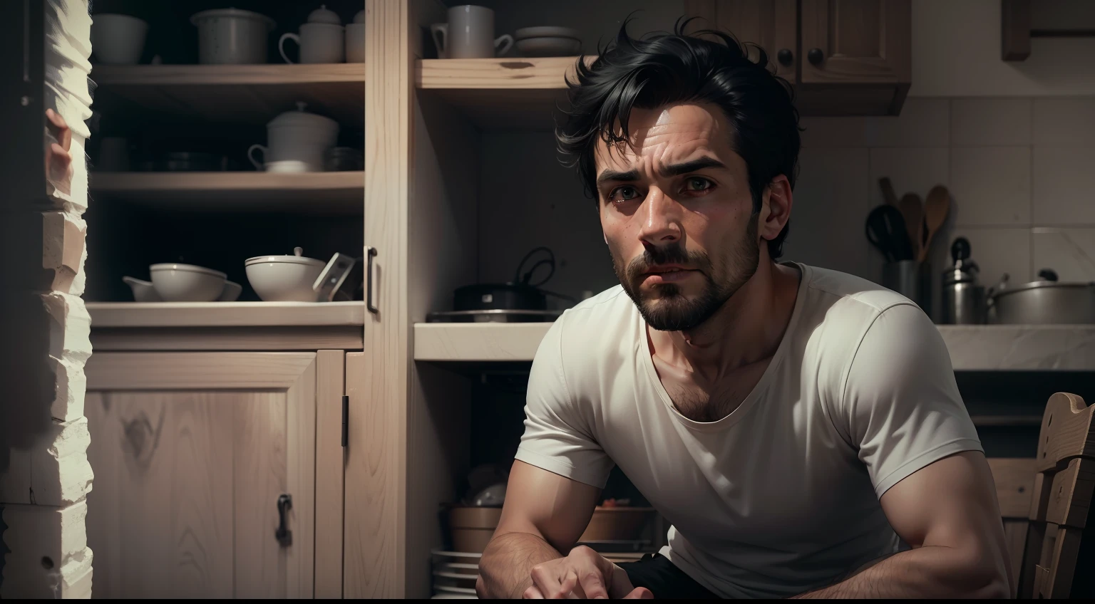 ultra realistic 8k image of a 37 year old man, short black hair, dressed in a simple white t-shirt and black shorts, horrified, sitting on a chair in a dark humble farmhouse kitchen with a terrified expression, night, completely dark environment