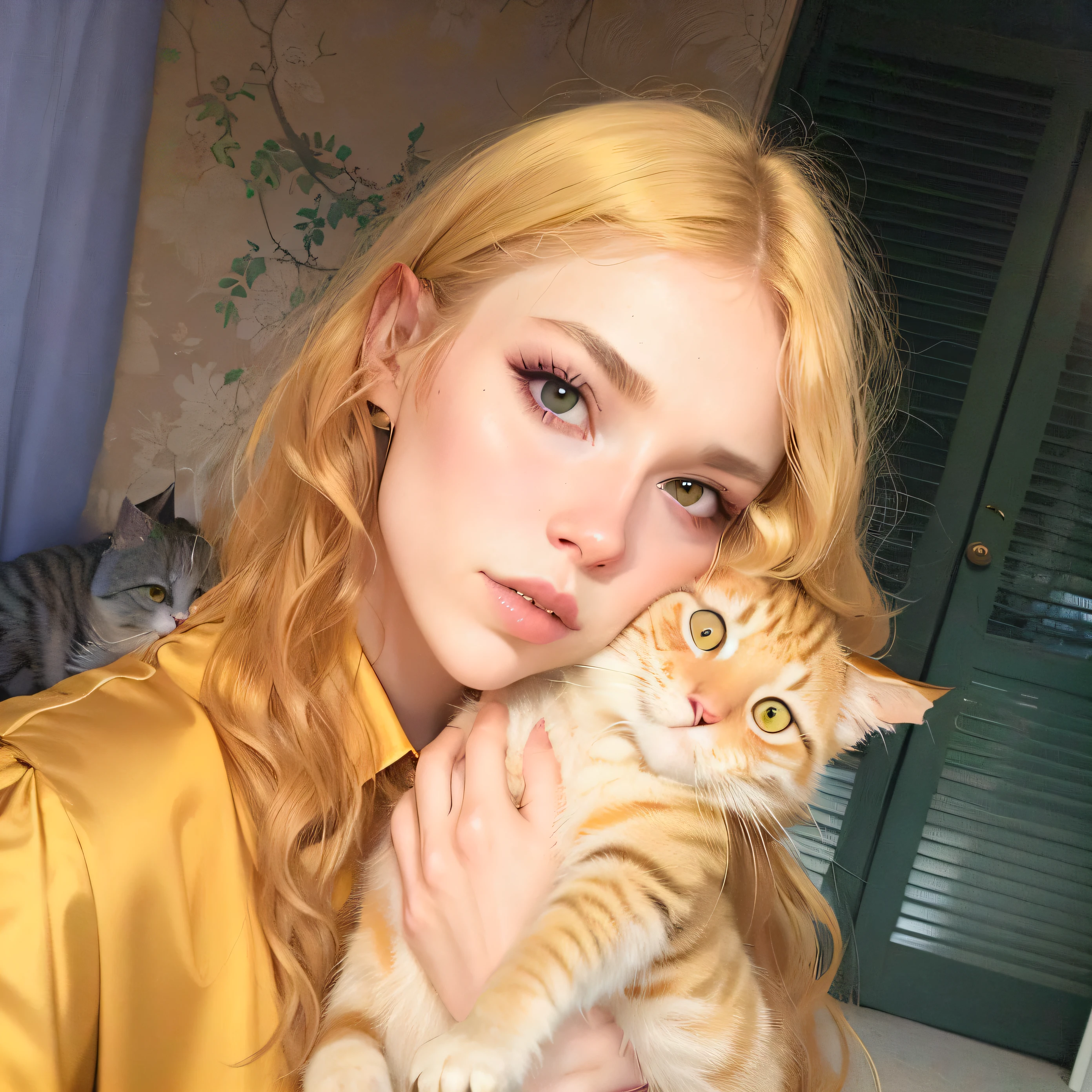 The blonde woman holds a cat in her arms, she looks like a mix of grimes, looks like a mix of grimes, looks a blend of grimes, resembling a mix of grimes, very beautiful cute catgirl, petra collins and mc. Escher, beautiful young catgirl, Yellow hair, Grimes, in style of petra collins, pale glowing skin