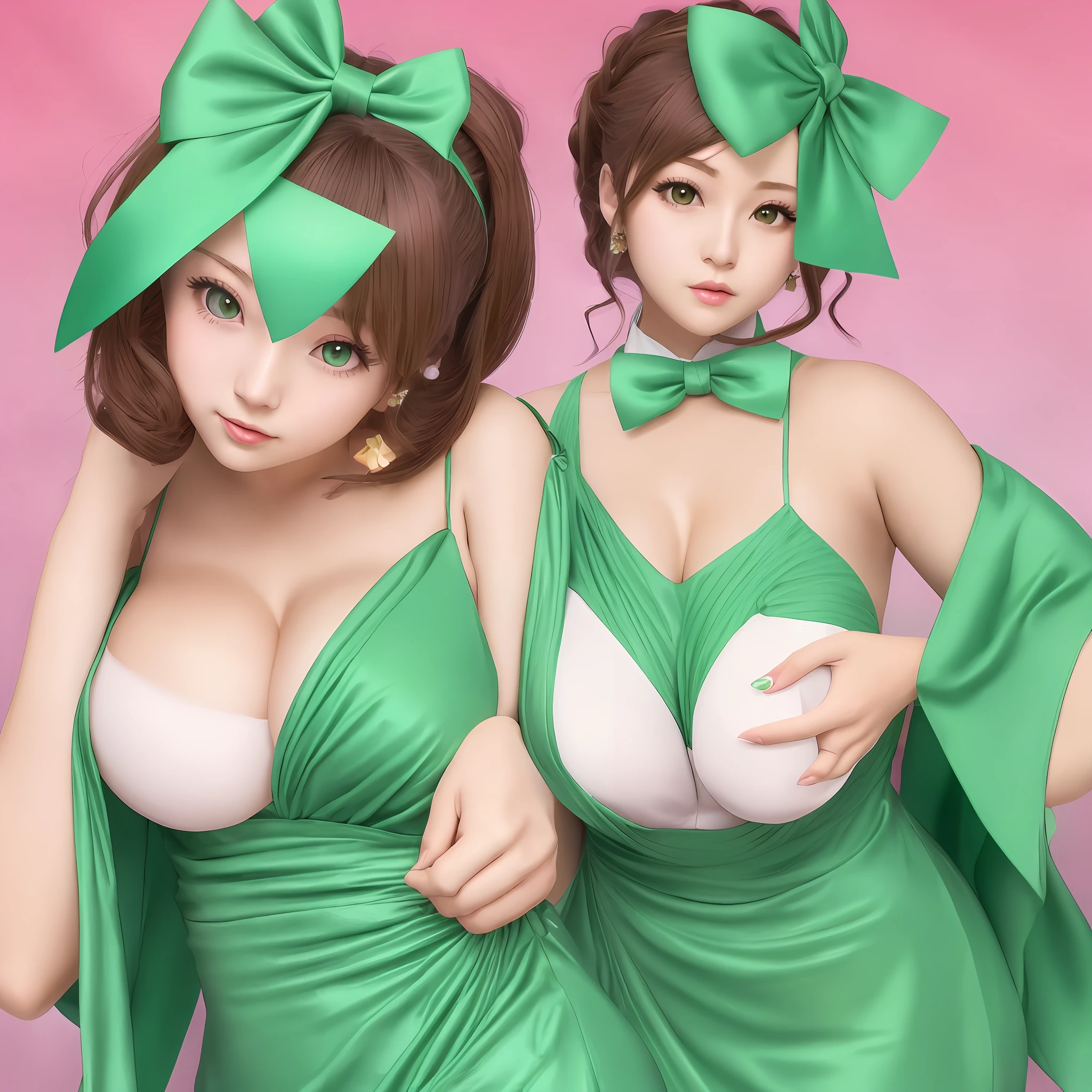 Anime - Stylistic image of a woman wearing a green dress with a bow tie, small curvaceous , [ 4 K digital art ]!!, the breasts are large, SFW, Big breasts!, Detailed digital anime art, thicc, Marin Kitagawa fanart, With large breasts, Big breasts!!, sie boob, 8K high quality detailed art, fluffy chest