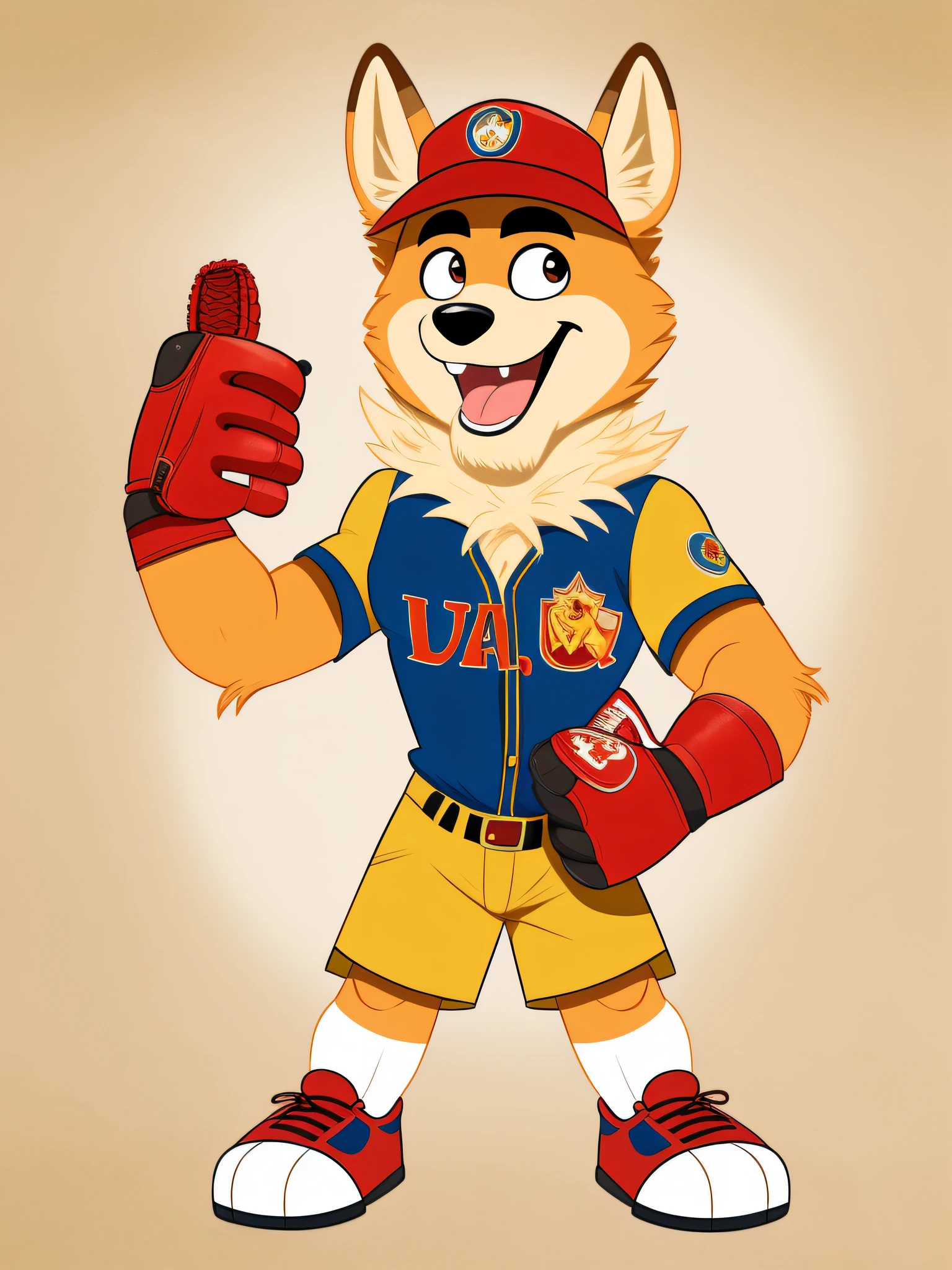 Cartoon of a dog in a baseball uniform holding a baseball glove, mascote da equipe esportiva, Mascot illustration, official character illustration, arte oficial do personagem, mascote de corpo inteiro, design de adesivo do telegrama, um mascote dingo, official fan art, Fanart oficial, Arte Oficial, Telegrama Sticker, mascote esportivo, captain, an anthropomorphic fox, fursona commission