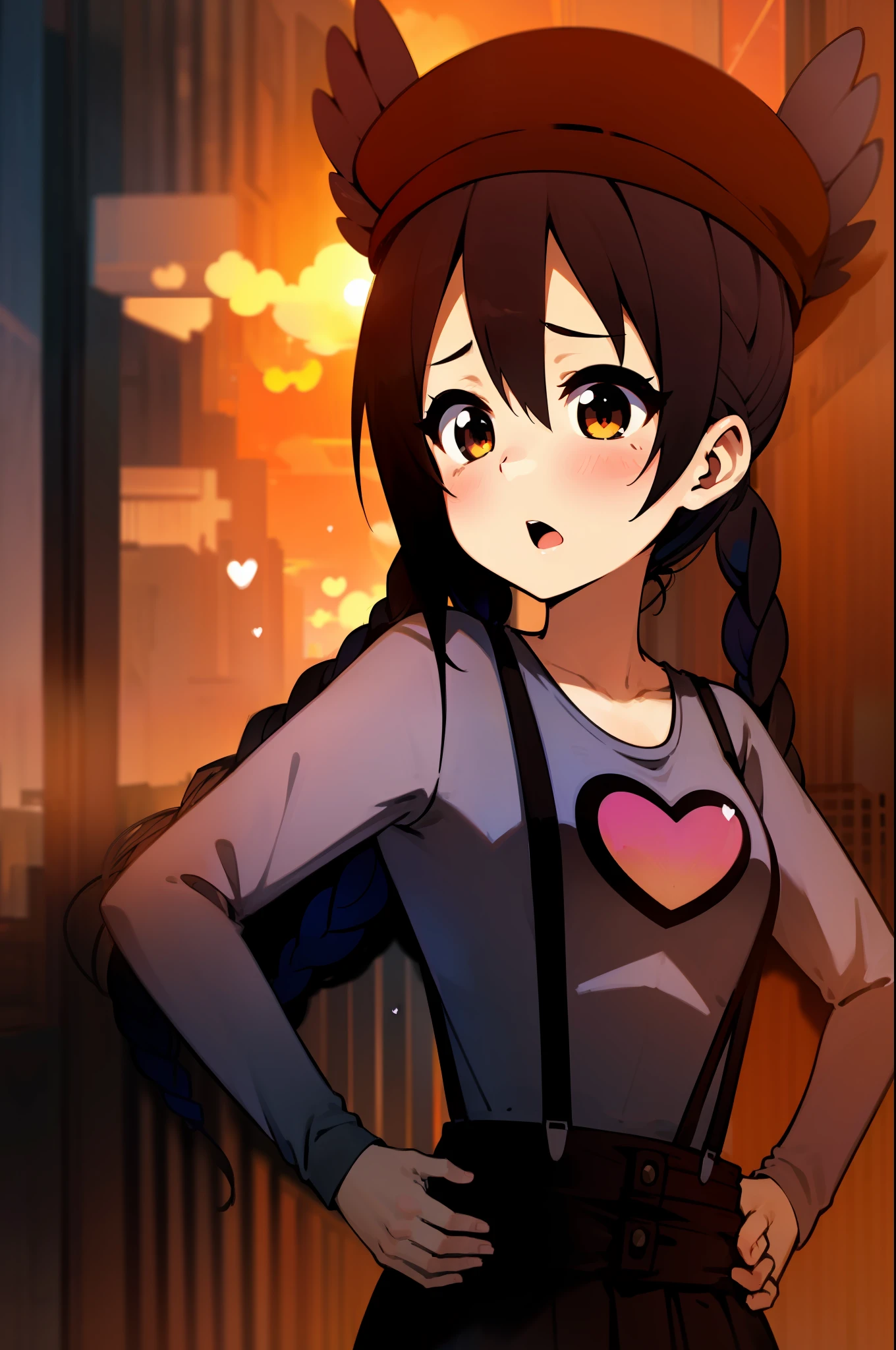 1girl, (((masterpiece))), top-quality, top-quality, High Details, nakano azusa, 1girl, Twin-tailed, length hair, A dark-haired, brown-eyed, Gray T-shirt.suspenders.a black skirt.illustratio, comic strip, soothing tones, Subdued Color, Soft cinematic light, adobe lightroom, photolab, HDR, intricately and hyper-detailed、(((depth of fields))))。(((masterpiece)))。(((top-quality))).)((ultra-detailliert)))。(((illustratio)))。(((takeout))).dynamic focus.big breasts.(((Skyscrapers))).(((A city scape))).(((Face of sadness))). open mouth.(((put hands on the hip))).(((up chest))).((evening glow)).((the setting sun)).(((Heart on chest))).Feathered hat.
