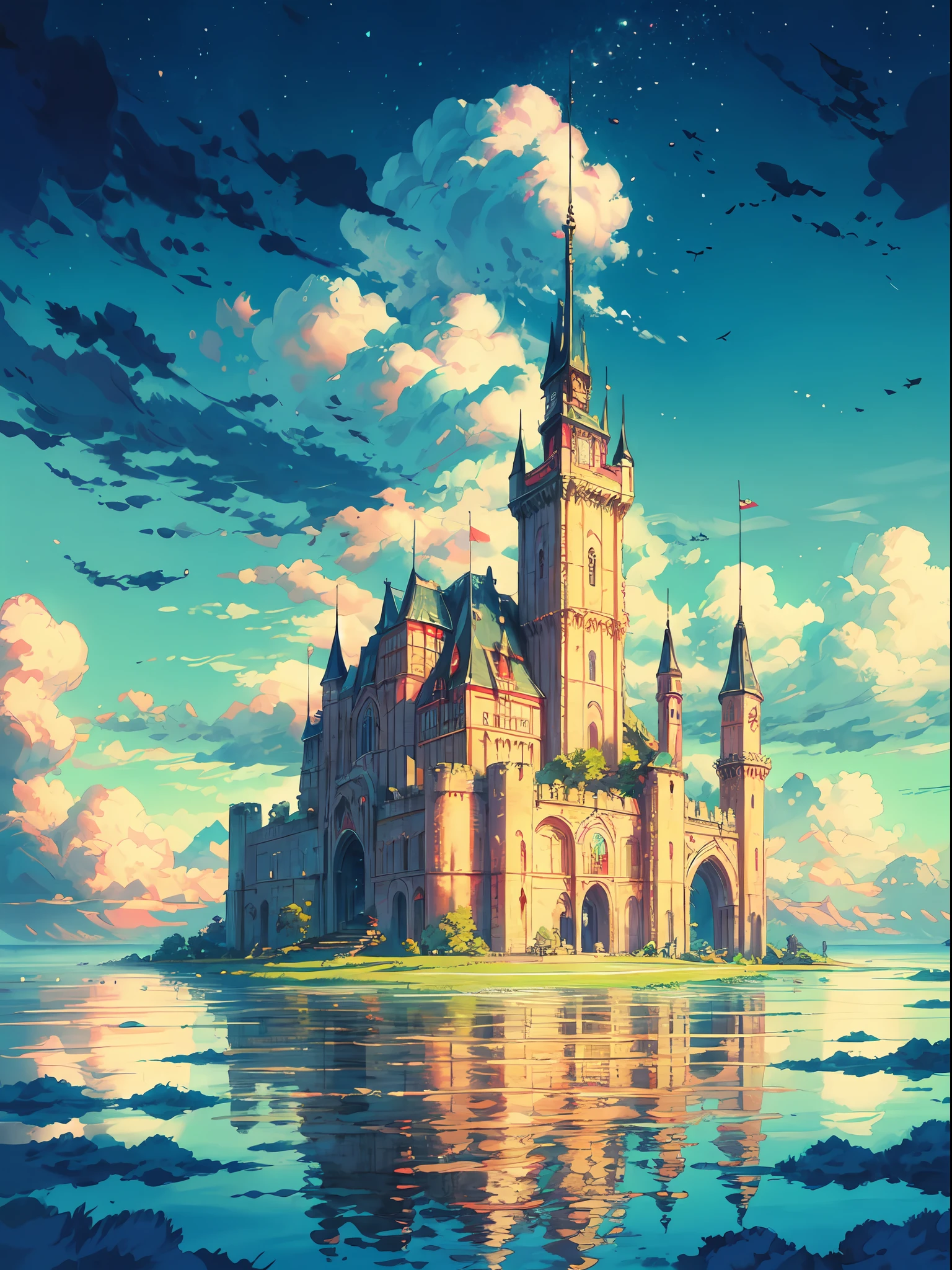 "A majestic castle floating on a sky island, reminiscent of an England-style fortress, flying suspended above fluffy clouds, basking in the warm glow of the sun, radiating vibrant colors. Masterpiece."