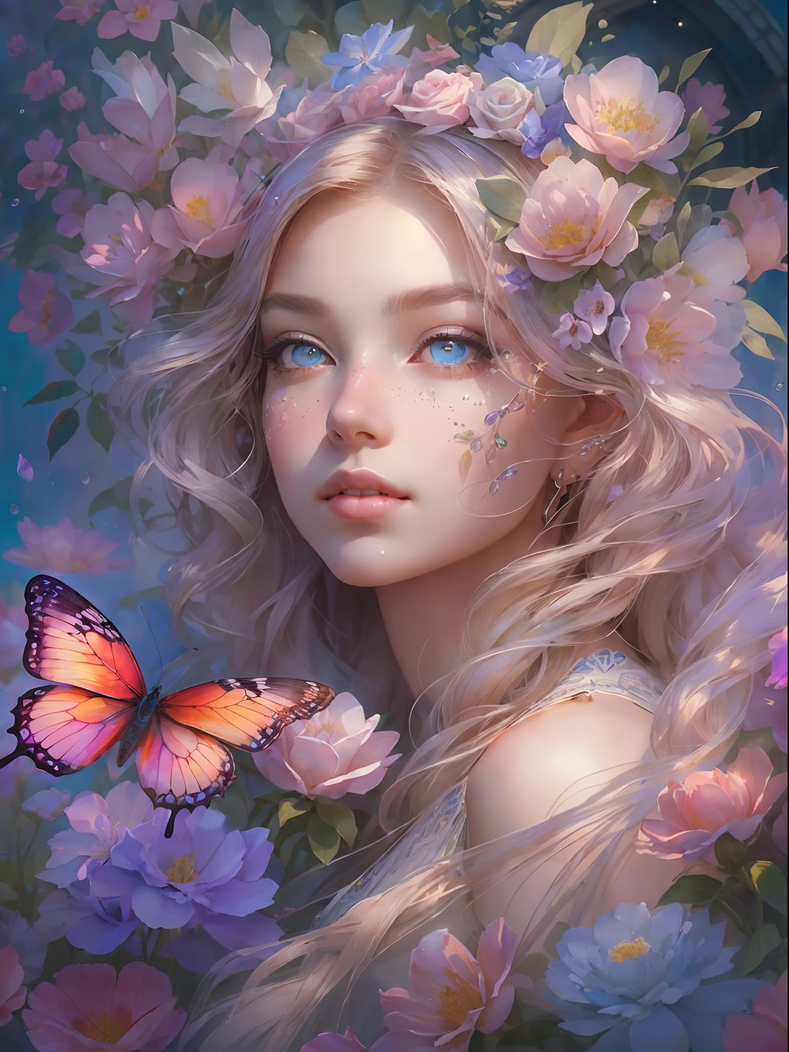 This artwork is dreamy and in the style of mythic fantasy, with soft watercolor hues in varying shades of pink, blue, and purple. Generate an ornate figure from Greek mythology and realistic skin and hair texture. Her strong, proud face has realistically shaded eyes and puffy lips, and a big mouth. Her soft, realistic hair is dancing in the breeze along with the flowers and detailed butterflies that surround her. Include highly detailed fantasy touches including a beautiful watercolor sky. Include 8k eyes, hires eyes, beautiful detail eyes, beautiful detailed eyes, and realistic eyes. Include fantasy details, enhanced details, iridescence, and colorful glitter. Pay special attention to her face and make sure it is beautifully and realistically detailed. 8k, intricate, elegant, highly detailed, majestic, digital photography, art by artgerm and ruan jia and greg rutkowski, (((masterpiece, finely detailed beautiful eyes: 1.2))), hdr, ((realistic skin texture)), rays of light, ornate flowers, dew drops, sunlight, hazy rays of sun, flowergateway style, castle, palace, archway, flowers, growing