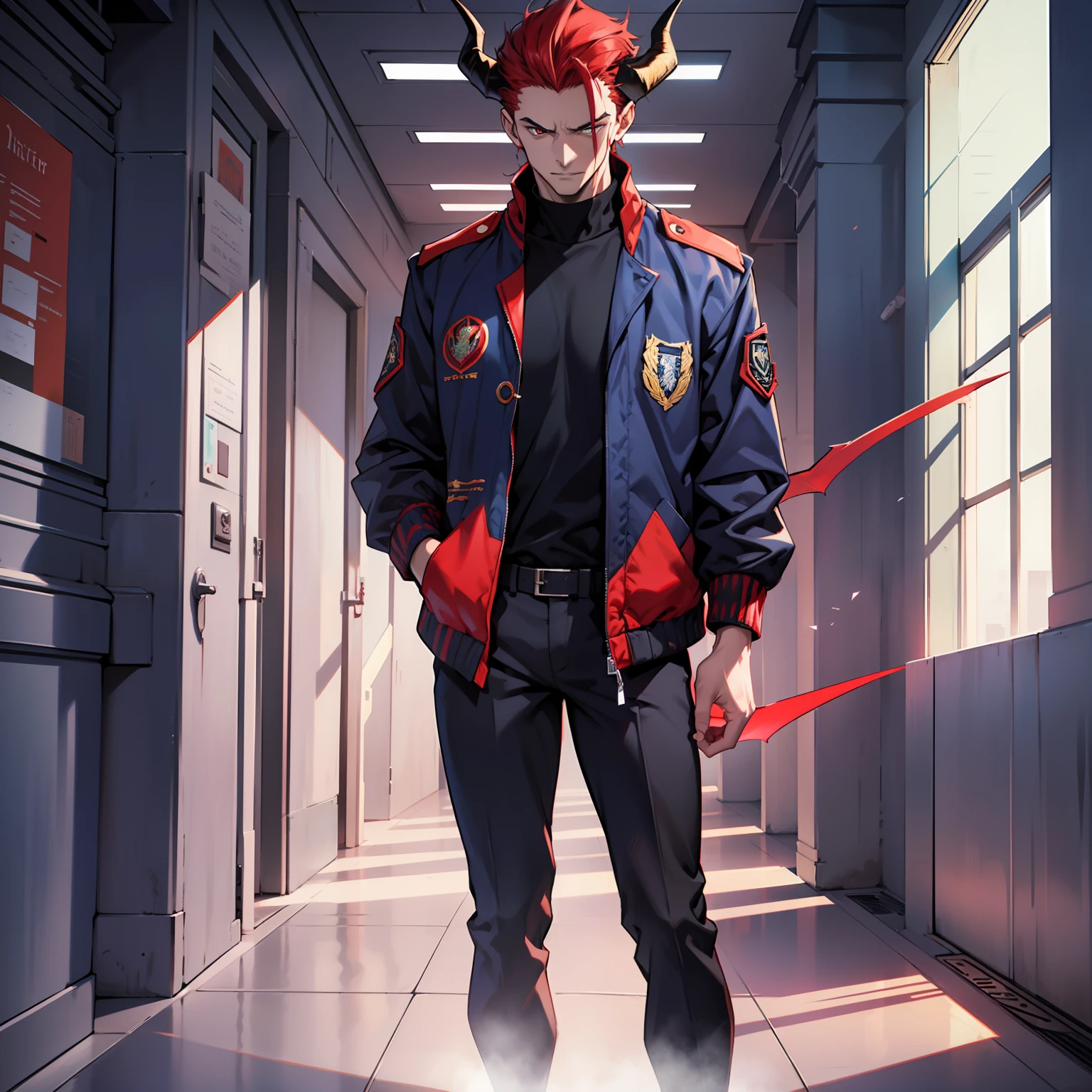 The demonic individual finally came all the way out of the portal. It was a male, and he looked about their age. He seemed arrogant and pompous. His hair was red with a hint of crimson and he had a pair of horns emerging from his forehead. He wore a navy blue jacket and black pants.