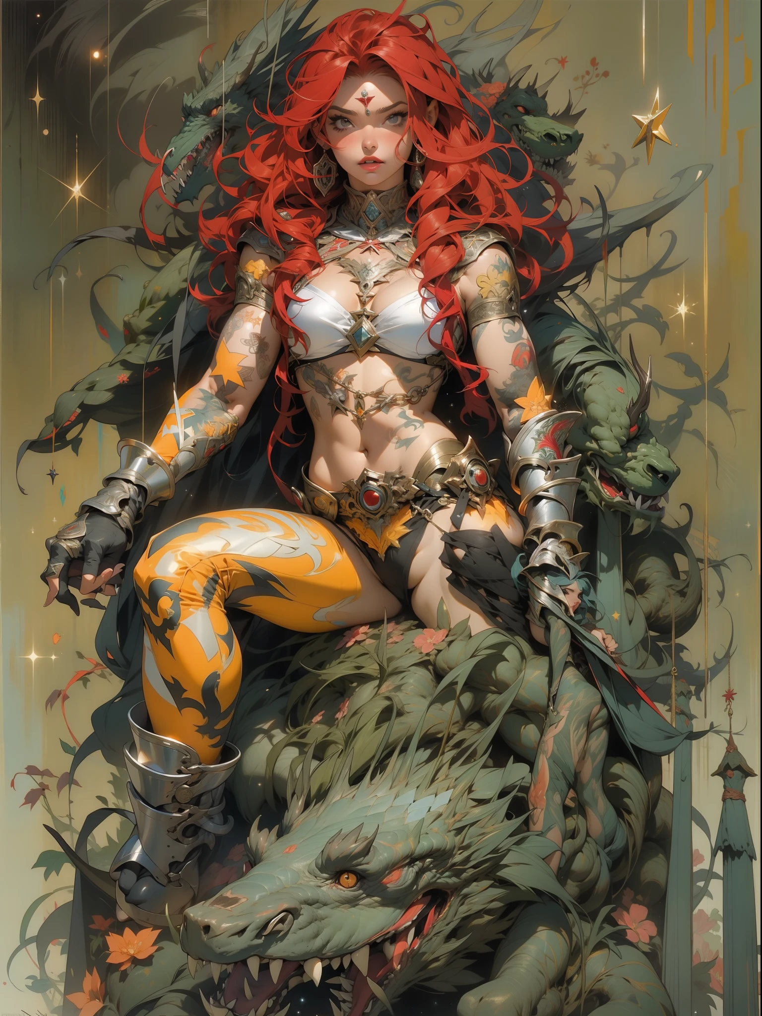 (((mulher))), (((melhor qualidade))), (((obra prima))), (((adulta))), Uma guerreira mulher de 35 anos com corpo perfeito, She-Lobo, (( under boobs )), quase nua no estilo selvagem urbano de Simon Bisley para a capa da revista Heavy Metal, cabelo loiro, Minimum clothing, armadura (vermelho escuro com estrelas brancas), cheio de pontas e rebites manchadas de tinta, tatuagem de estrelas de 5 pontas, (((corpo inteiro))), cabelo preto curto com franja branca cobrindo a testa
