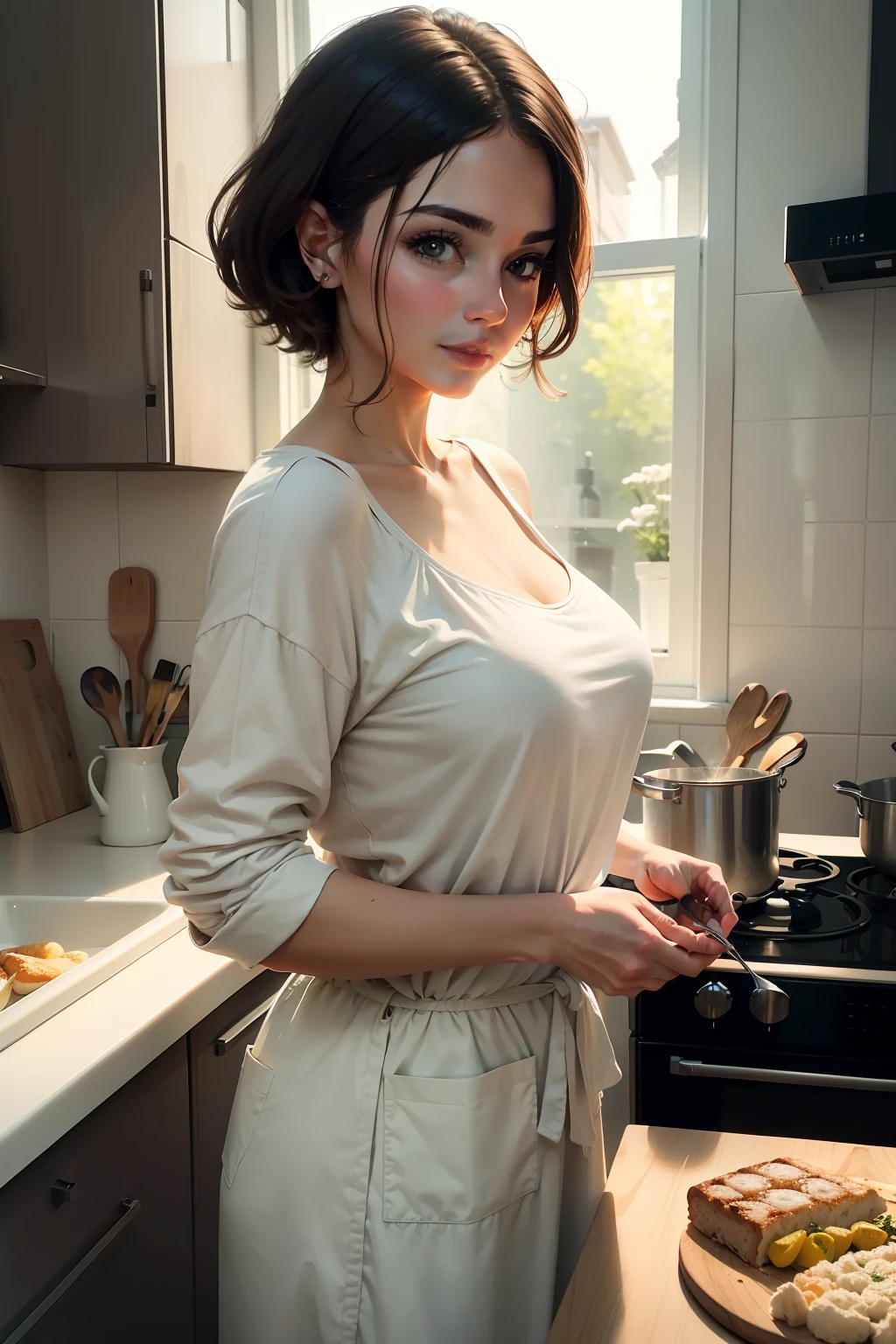 You are a master of painting,In an open plan modern kitchen,A young grandmother prepares dinner,The lighting is romantic,A man behind him watched all this affectionately,Very warm