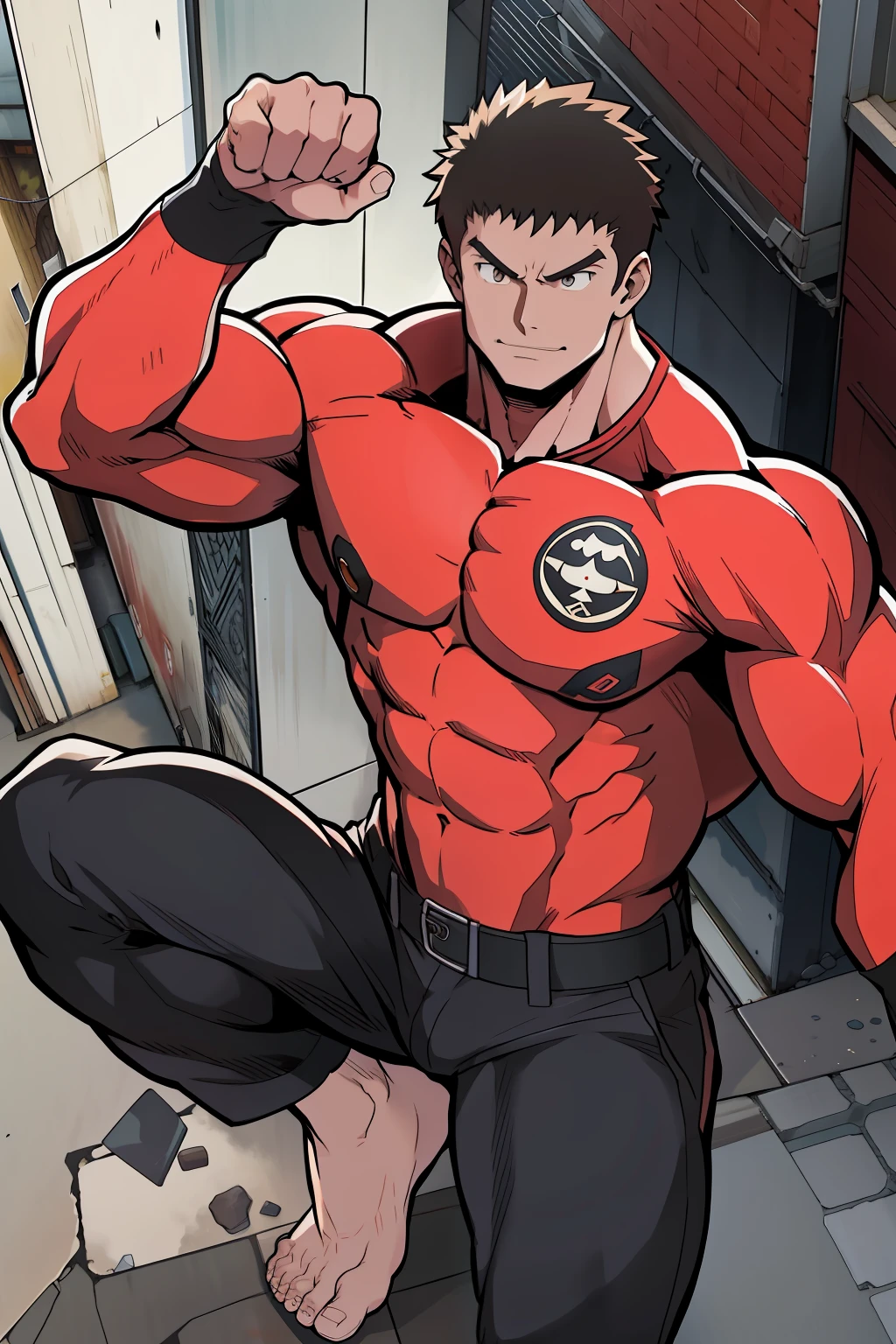 Generate anime-style artwork with a high-angle shot of a muscular male character with his body facing the camera, THE CHARACTER IS STANDING ON TOP OF A TALL BUILDING, O protagonista deve ter um corpo extremamente musculoso, muito alto, semelhante ao de um fisiculturista. O personagem deve ter o cabelo longo marrom escuro e deve estar sem camisa , with a black pants totally torn and should be barefoot  . A imagem deve retratar o corpo inteiro do personagem, com foco em sua postura intimidadora. The protagonist must exude strength and dominance, displaying a powerful presence. A cena deve apresentar apenas o personagem musculoso, THE CHARACTER MUST BE ON TOP OF A BUILDING SHOWING A LARGE CITY BELOW HIM