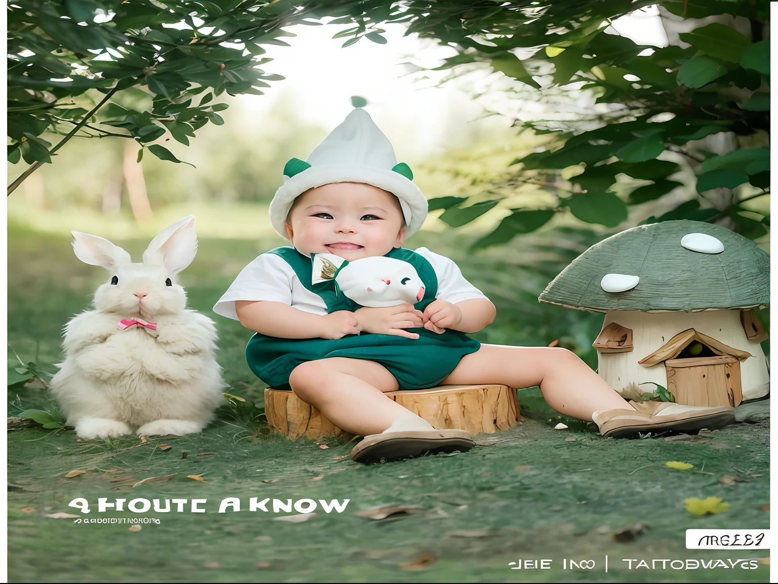 Arad baby sitting on a tree stump,With a rabbit and a dwarf hat, Very cute and childlike, a forest with bunnies, Cute and lovely, adorable and whimsical, forest theme, There was a rabbit next to it, cute forest creature, Adorable