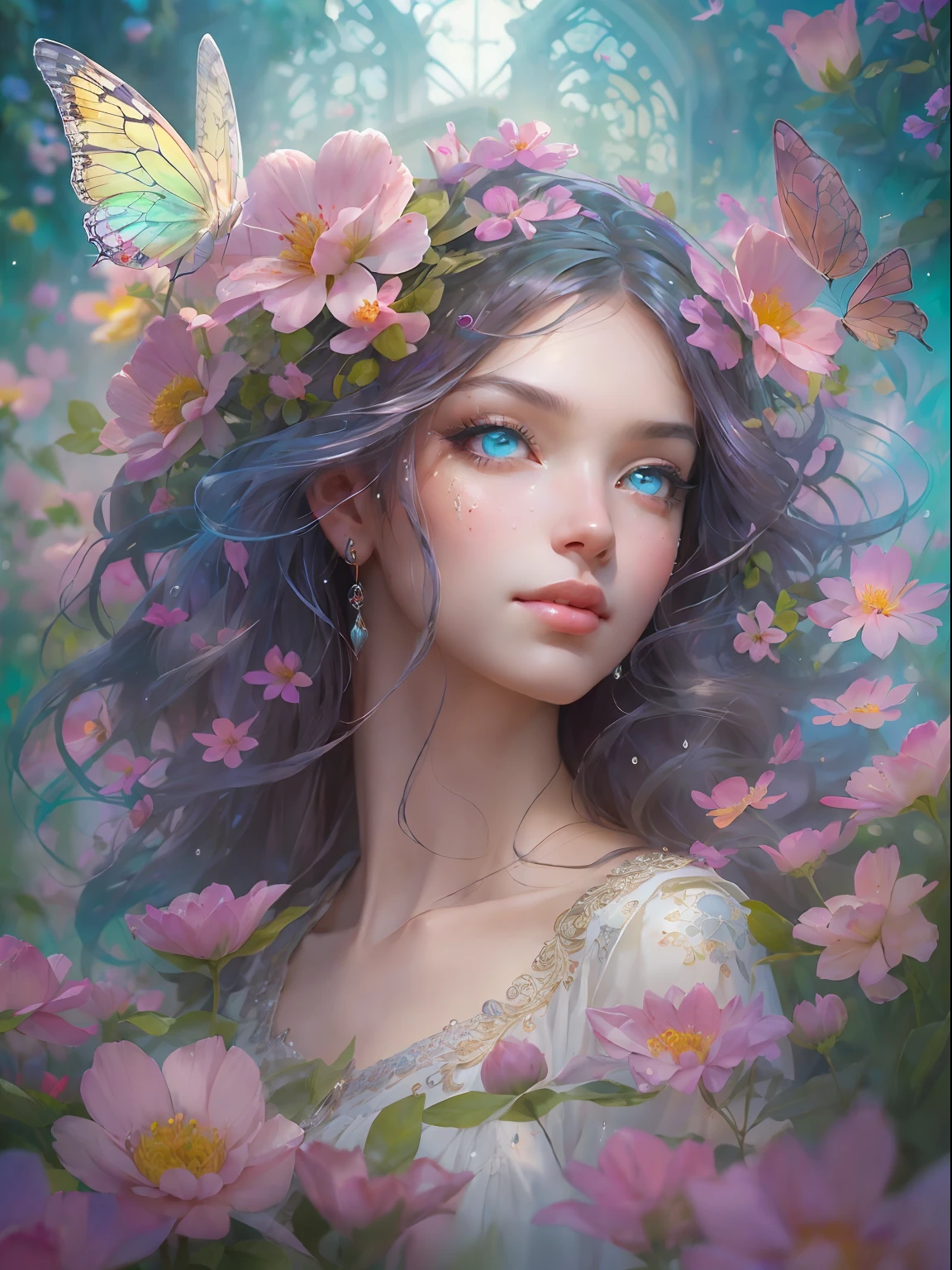 This artwork is dreamy and in the style of mythic fantasy, with soft watercolor hues in varying shades of pink, blue, and purple. Generate an ornate figure from Greek mythology and realistic skin and hair texture. Her strong, proud face has realistically shaded eyes and puffy lips, and a big mouth. Her soft, realistic hair is dancing in the breeze along with the flowers and detailed butterflies that surround her. Include highly detailed fantasy touches including a beautiful watercolor sky. Include 8k eyes, hires eyes, beautiful detail eyes, beautiful detailed eyes, and realistic eyes. Include fantasy details, enhanced details, iridescence, and colorful glitter. Pay special attention to her face and make sure it is beautifully and realistically detailed. 8k, intricate, elegant, highly detailed, majestic, digital photography, art by artgerm and ruan jia and greg rutkowski, (((masterpiece, finely detailed beautiful eyes: 1.2))), hdr, ((realistic skin texture)), rays of light, ornate flowers, dew drops, sunlight, hazy rays of sun, flowergateway style, castle, palace, archway, flowers, growing