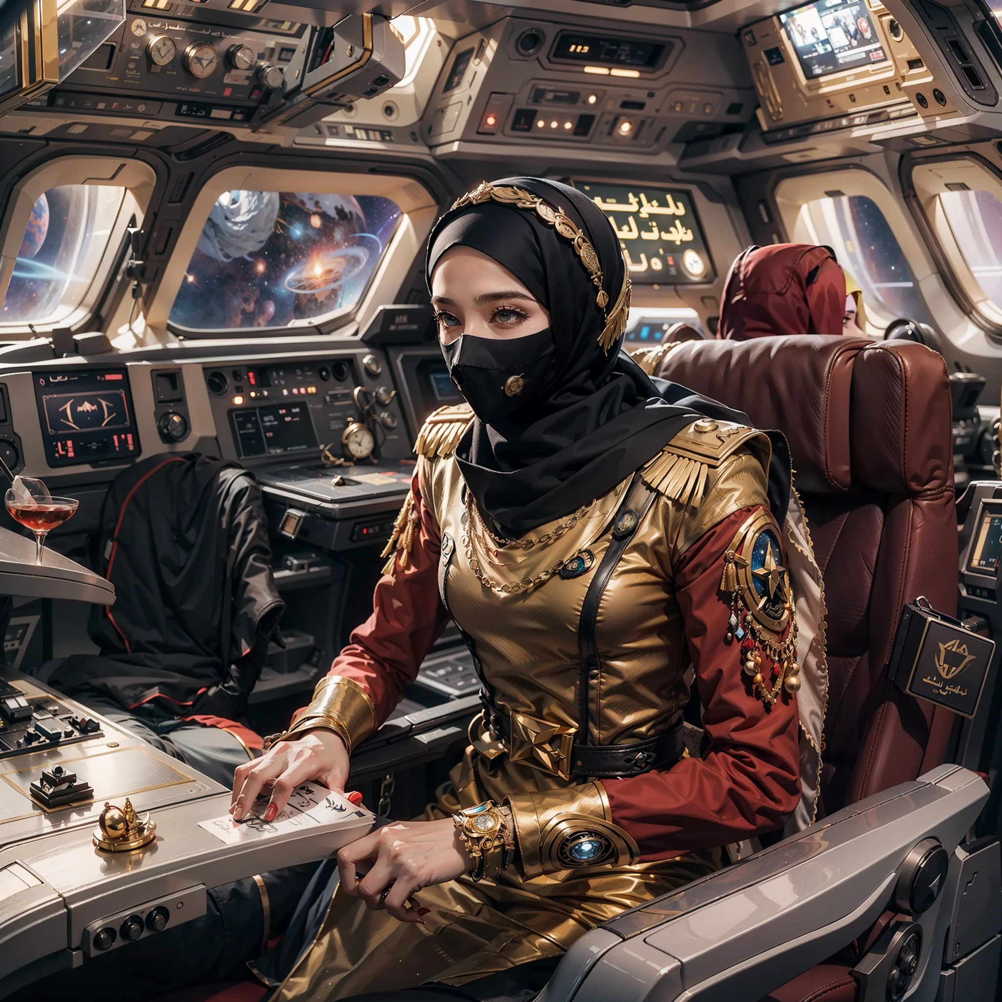 Arabic version《Star-Trek》,Female version《Star-Trek》,Arab female version of James,Arabic hijab,Veil masked,Arabian luxury Starfleet gold livery,Sitting in the cockpit of the Enterprise,The Arab women's version of Spock and the Arab women's version of McCoy,Wear an Arabic headscarf,Veil masked,Wearing an Arabian luxury blue uniform and a red uniform,Stand behind him,The Arabic version of high-tech enterprises travels through space,High-tech and Arabic style,All high-tech masks are worn