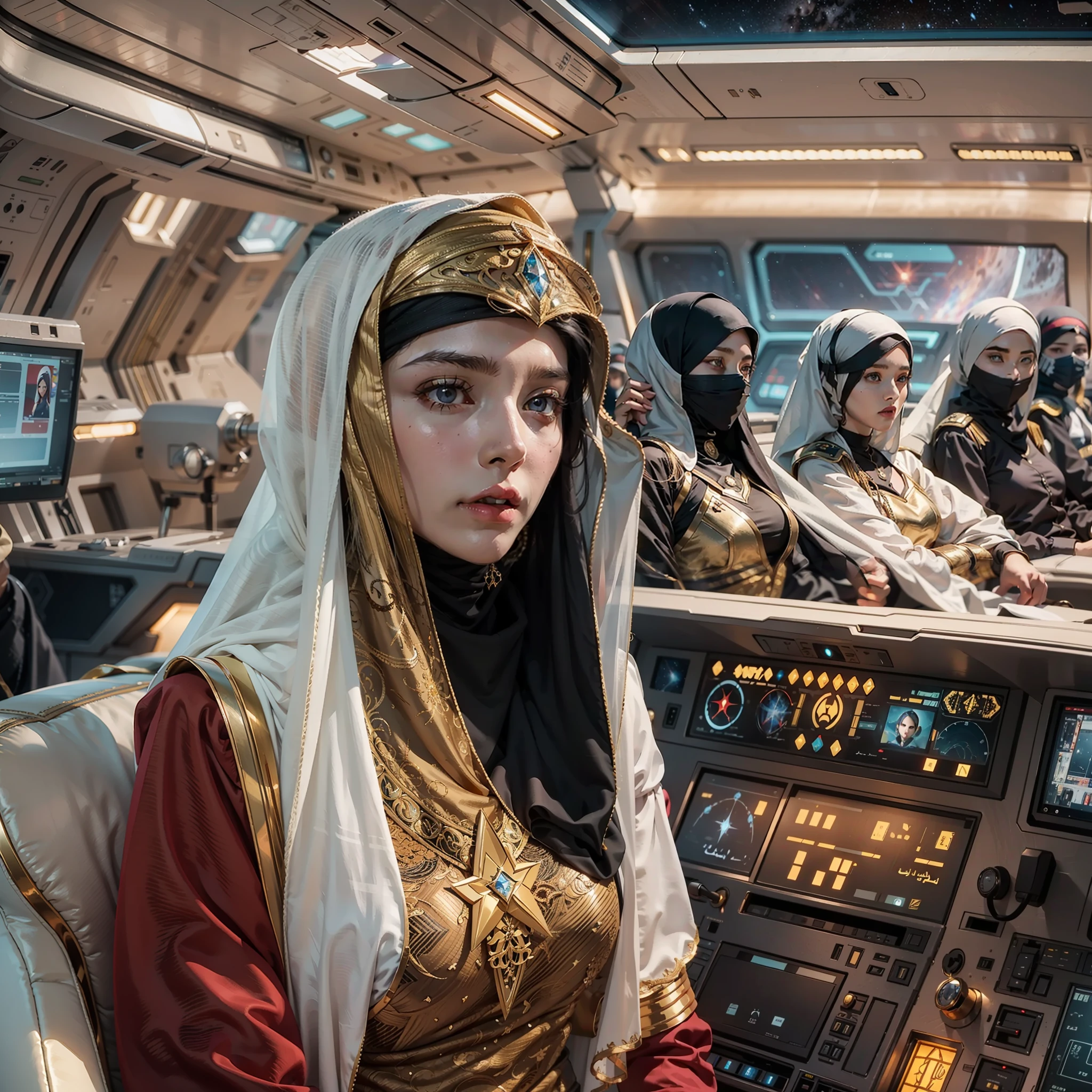 Arabic version《Star-Trek》,Female version《Star-Trek》,Arab female version of James,Arabic hijab,Veil masked,Arabian luxury Starfleet gold livery,Sitting in the cockpit of the Enterprise,The Arab women's version of Spock and the Arab women's version of McCoy,Wear an Arabic headscarf,Veil masked,Wearing an Arabian luxury blue uniform and a red uniform,Stand behind him,The Arabic version of high-tech enterprises travels through space,High-tech and Arabic style,All high-tech masks are worn