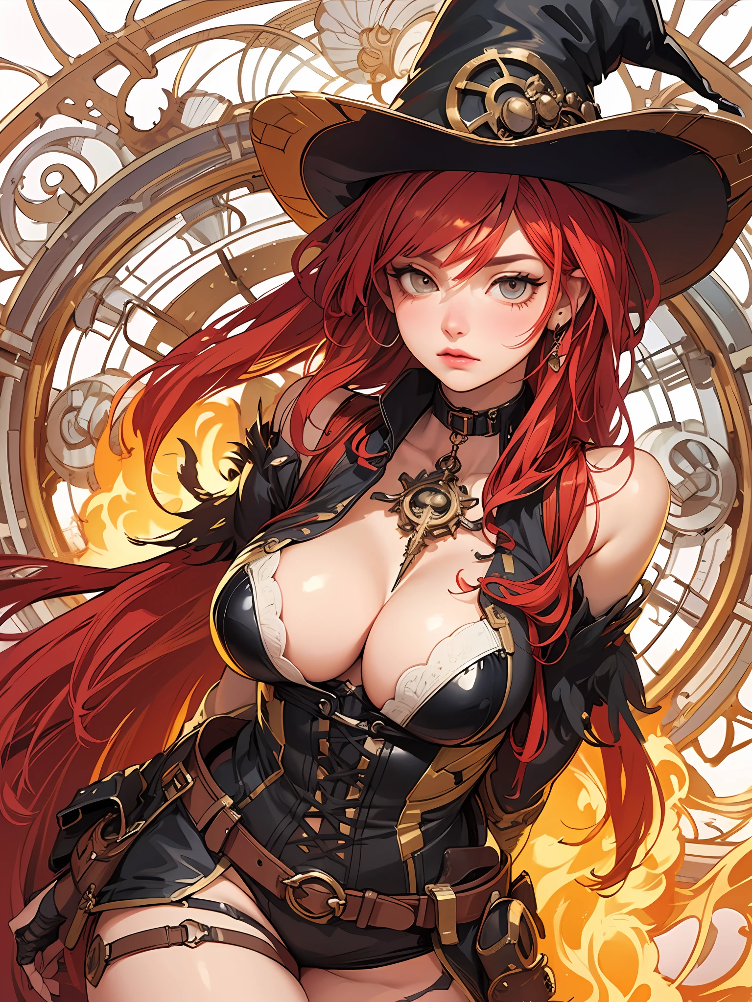 (Artwork of exceptional craftsmanship),(Detailed illustrations,(Very ideal anatomy),Very detailed and detailed drawing,Delicate lines with slow and rapid,(Realistic texture expression)),[Color tressed main line],Boiler room background [Golden Gears,Brass Pipe,[Dancing Flames]],HENTAI Anime Fire Witch (Beautiful fece) 19 years old, fiery redhead [Very long long hair] [voluminous thin chest] Thick thighs,[Clear skin, vitality],Witch's Hat Enamel Leather Suit Thigh Boots [Ruby piercings on the navel] [[Phoenix crest]] [Ruffled lace embroidery],[SteamPunk] gravure,(Perfectly proportioned),(Fine and beautiful skin expression [realistic skin detail]),[Design built to the highest level,[Advanced structural understanding of materials],Ideal color coordination],(Intricate and beautiful decoration [Dense detail]),(More on shiny hair),[Perfect hand details [Beautiful Finger]],(Beautiful perfect face [Realistic face details]),[Clear gaze],[long and beautiful eyelashes],[Perfect eye details (Eyes beautifully drawn down to the smallest detail)],(detaileds,high-detail),([Precision Detail],[multi-layer texture],HighQuality,hight resolution),[(Accurate simulation of light-material interactions),Understanding Airflow,Mechanically correct representation],[Visual art that conveys a sense of narrative] [Full body like],[[Desaturation]].