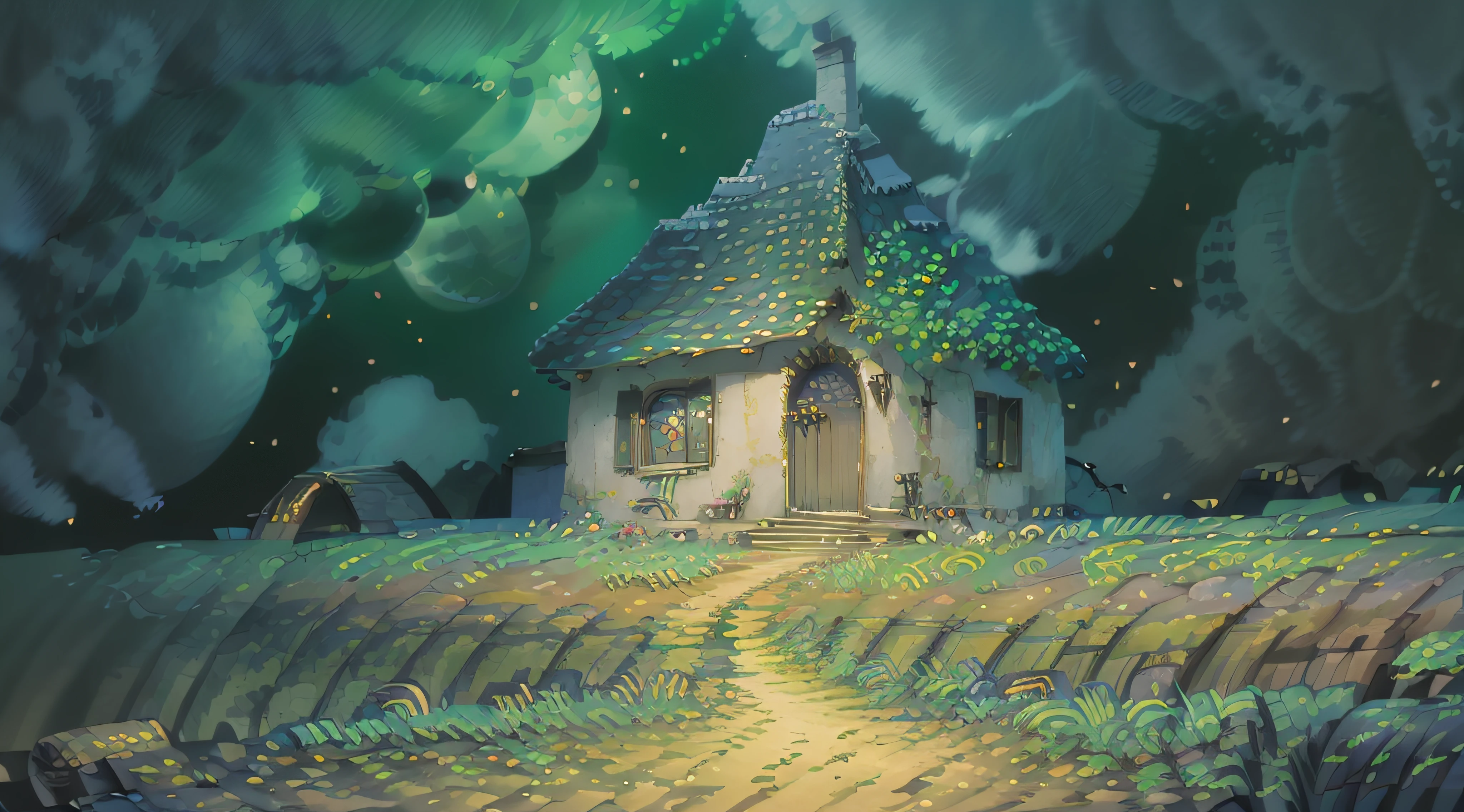 (Magic Forest, Kingdom of Forest Fairies: 1.2), cute houses, High Palace of Fairies, River, (many fireflies: 1.1), (Fairy lights: 1.1), joyful mood, magical atmosphere.