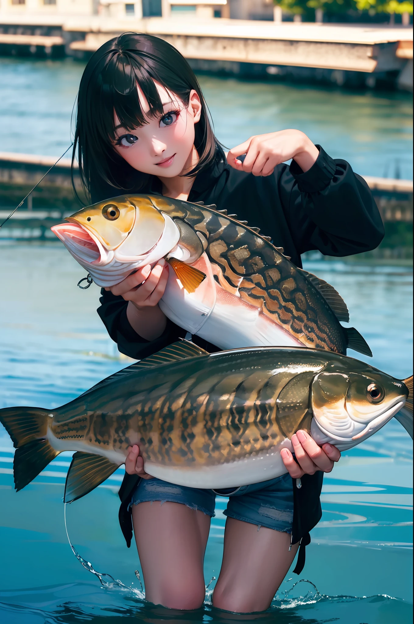 (((Catching a big blackbass by the riverside:1.2))),((Best quality, 8k, Masterpiece :1.3))black hair, longeyelashes, solid circle eyes, light smile, drop shadow, atmospheric perspective, 8k, super detail, ccurate, best quality, middle breasts,black jacket, light blue jeans,