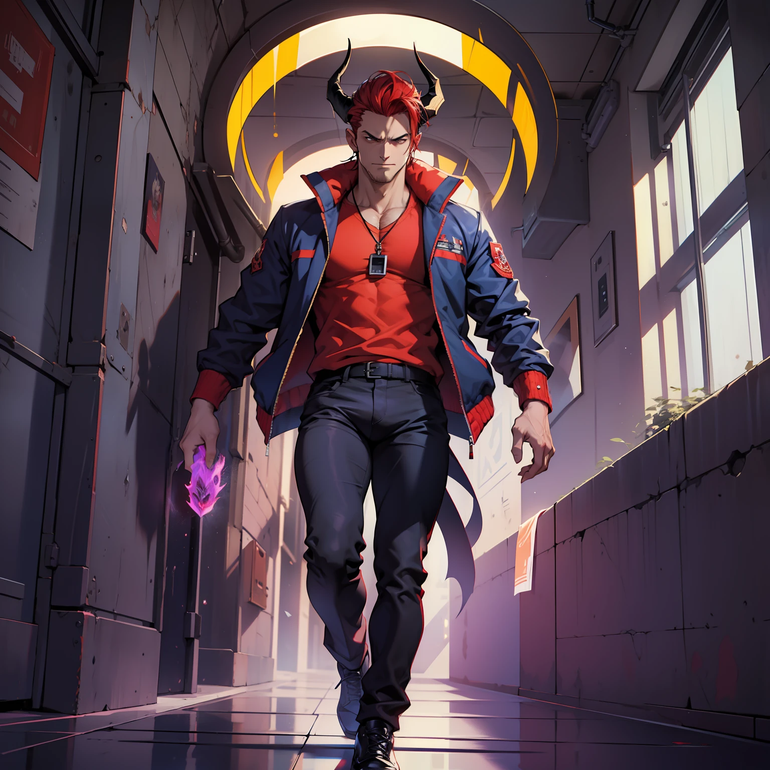 The demonic individual finally came all the way out of the portal. It was a male, and he looked about their age. He seemed arrogant and pompous. His hair was red with a hint of crimson and he had a pair of horns emerging from his forehead. He wore a navy blue jacket and black pants. Bara, big bulge in pants