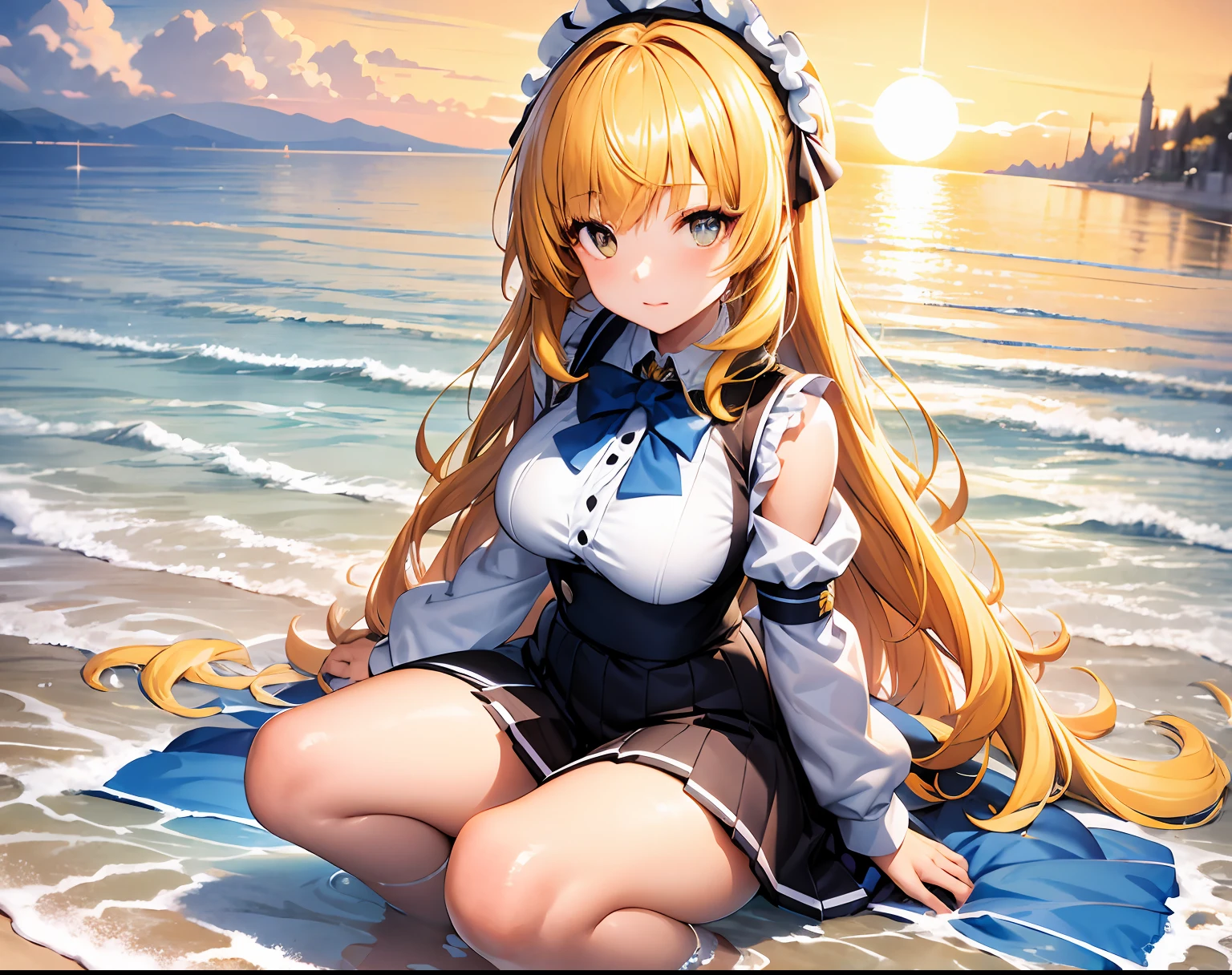 [(white background:1.5),::5] (isometric:1.0), double exposure, bubble, mid shot, full body, // tmasterpiece, best quality, 1girl, (colorful),(Delicate beautiful eyes and delicate face),cinematic lighting,bust shot,the Extremely Detailed CG Unity 8K Wallpapers，beachside，the setting sun，schoolgirls，long whitr hair，Yellow hair