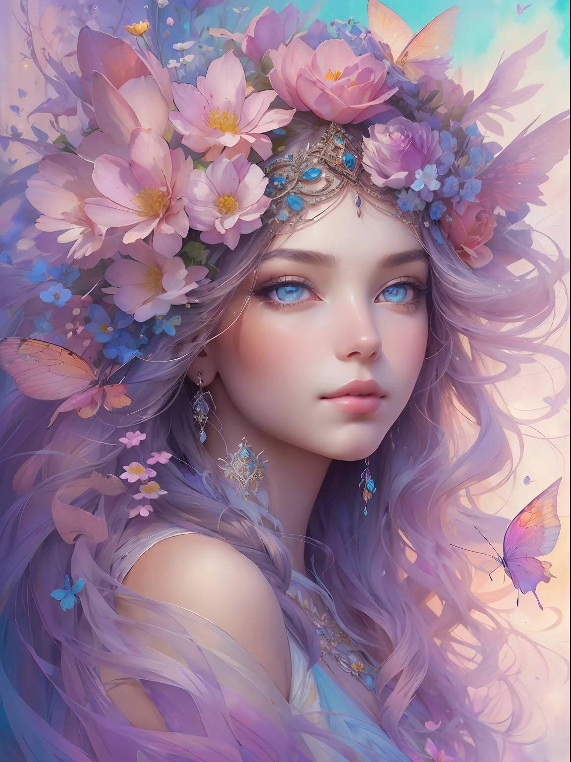 This artwork is dreamy and in the style of mythic fantasy, with soft watercolor hues in varying shades of pink, blue, and purple. Generate an ornate figure from Greek mythology and realistic skin and hair texture. Her strong, proud face has realistically shaded eyes and puffy lips, and a big mouth. Her soft, realistic hair is dancing in the breeze along with the flowers and detailed butterflies that surround her. Include highly detailed fantasy touches including a beautiful watercolor sky. Include 8k eyes, hires eyes, beautiful detail eyes, beautiful detailed eyes, and realistic eyes. Include fantasy details, enhanced details, iridescence, and colorful glitter. Pay special attention to her face and make sure it is beautifully and realistically detailed. 8k, intricate, elegant, highly detailed, majestic, digital photography, art by artgerm and ruan jia and greg rutkowski, (((masterpiece, finely detailed beautiful eyes: 1.2))), hdr, ((realistic skin texture)), rays of light, ornate flowers, dew drops, sunlight, hazy rays of sun, flowergateway style, castle, palace, archway, flowers, growing