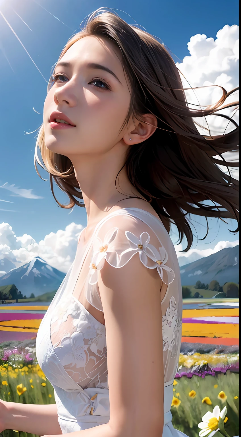 1girl, dynamic angle, cloud and mountain, (flower field:1.4) in the foreground, white dress, light tracing, (floating colorful wind:1)
(photorealistic:1.4), official art, unity 8k wallpaper, ultra detailed, beautiful and aesthetic, masterpiece,best quality, glowing skin, cinematic lighting, light smile