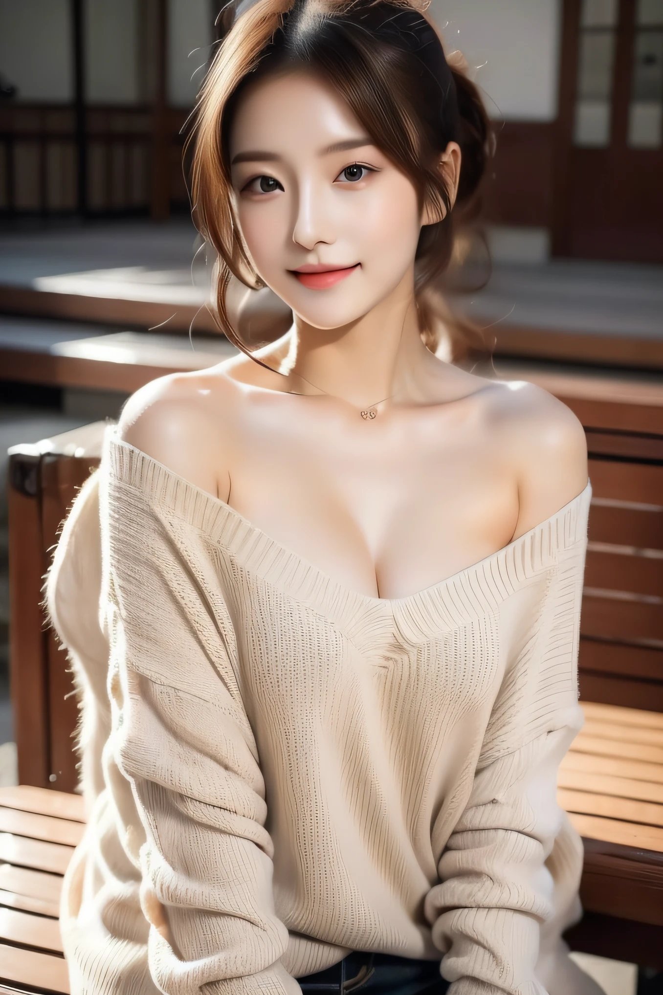 (1girll:1.0),(8K, Best quality, tmasterpiece),ultra - detailed, adolable, 独奏, cute Japan woman,brown hair,By bangs, long whitr hair, pony tails,Beautiful and delicate eyes,Eyes speak, Moisturizes skin,美丽细致的眼睛,((mediumsize roundbreast,White V-neck sweater:1.4)), head straight-looking at viewer:1.8, (Bokeh), ssmile:1.2,Fashion model pose,,Long black hair sitting on a bench, gorgeous chinese models, Lovely woman, Gorgeous young Korean woman, Open V chest clothes, 2 4 year old female model, a cute young woman, Beautiful Asian girl, beautiful Korean women, 19-year-old girl, Sexy girl, wearing a cute top, A beautiful young woman, Korean girl