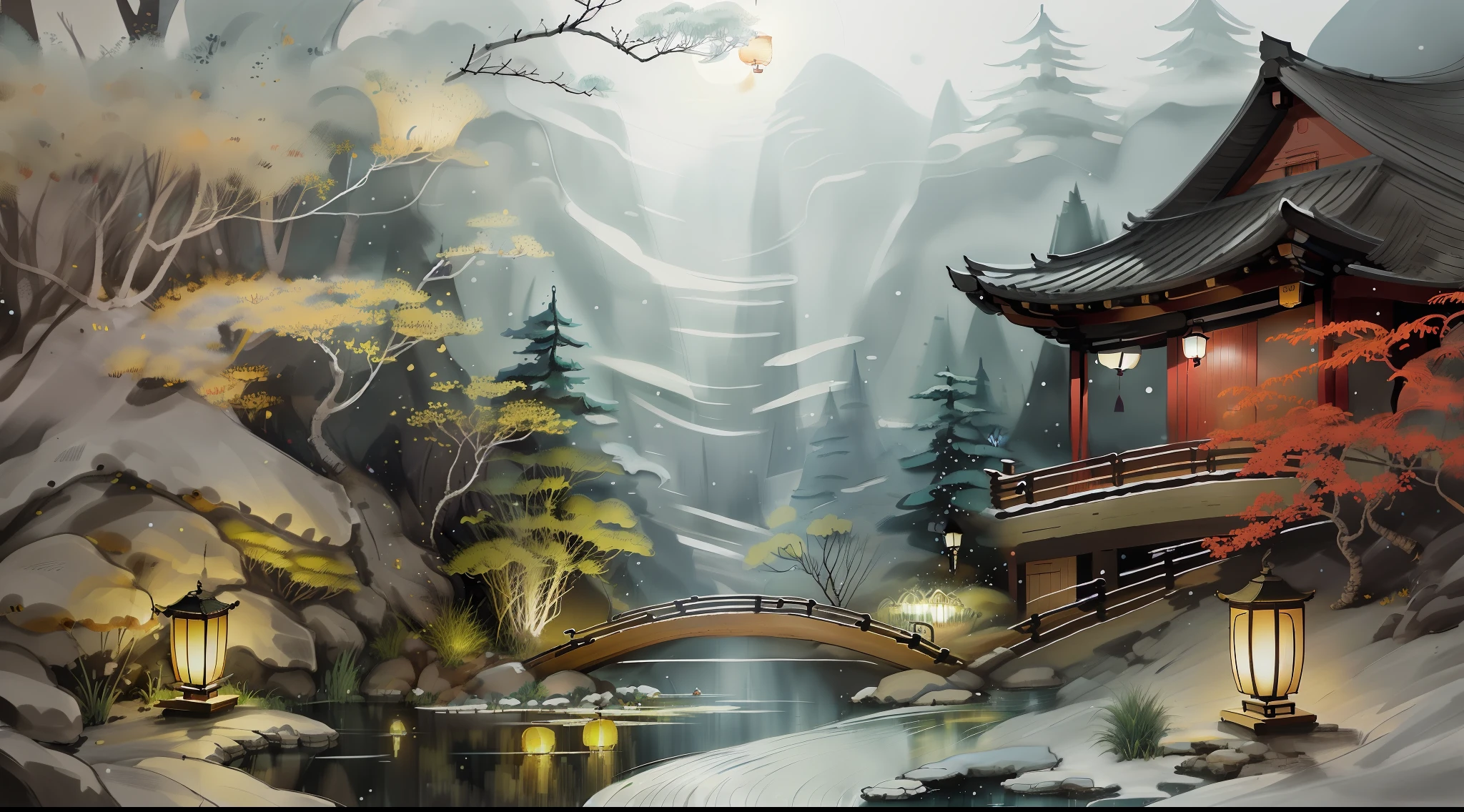 masterpiece,best quality,Chinese martial arts style,an snowing asian night scene with lanterns and water lilies,asian pond with many lanterns and boatsa night scene with many lights and boats in the water, snowflakes ,Lake surface, lotus flowers,beautiful night scene,(((Chinese martial arts style))), with vast sky, continuous mountains and steep cliffs, ink wash style, outline light, atmospheric atmosphere, depth of field, mist rising, bamboo, pine trees, octagonal stone pavilion, waterfall flowing water,big full moon,(No color) , Monochrome, light color,