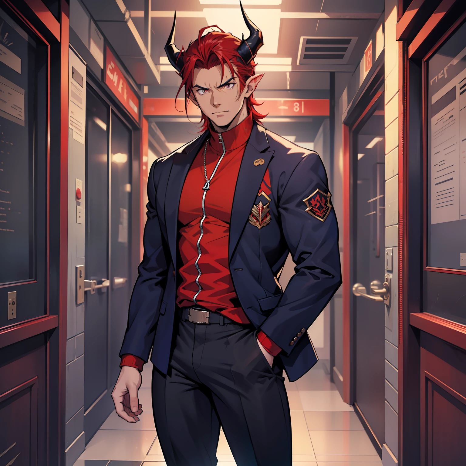 The demonic individual finally came all the way out of the portal. It was a male, and he looked about their age. He seemed arrogant and pompous. His hair was red with a hint of crimson and he had a pair of horns emerging from his forehead. He wore a navy blue jacket and black pants. Bara, big bulge in pants