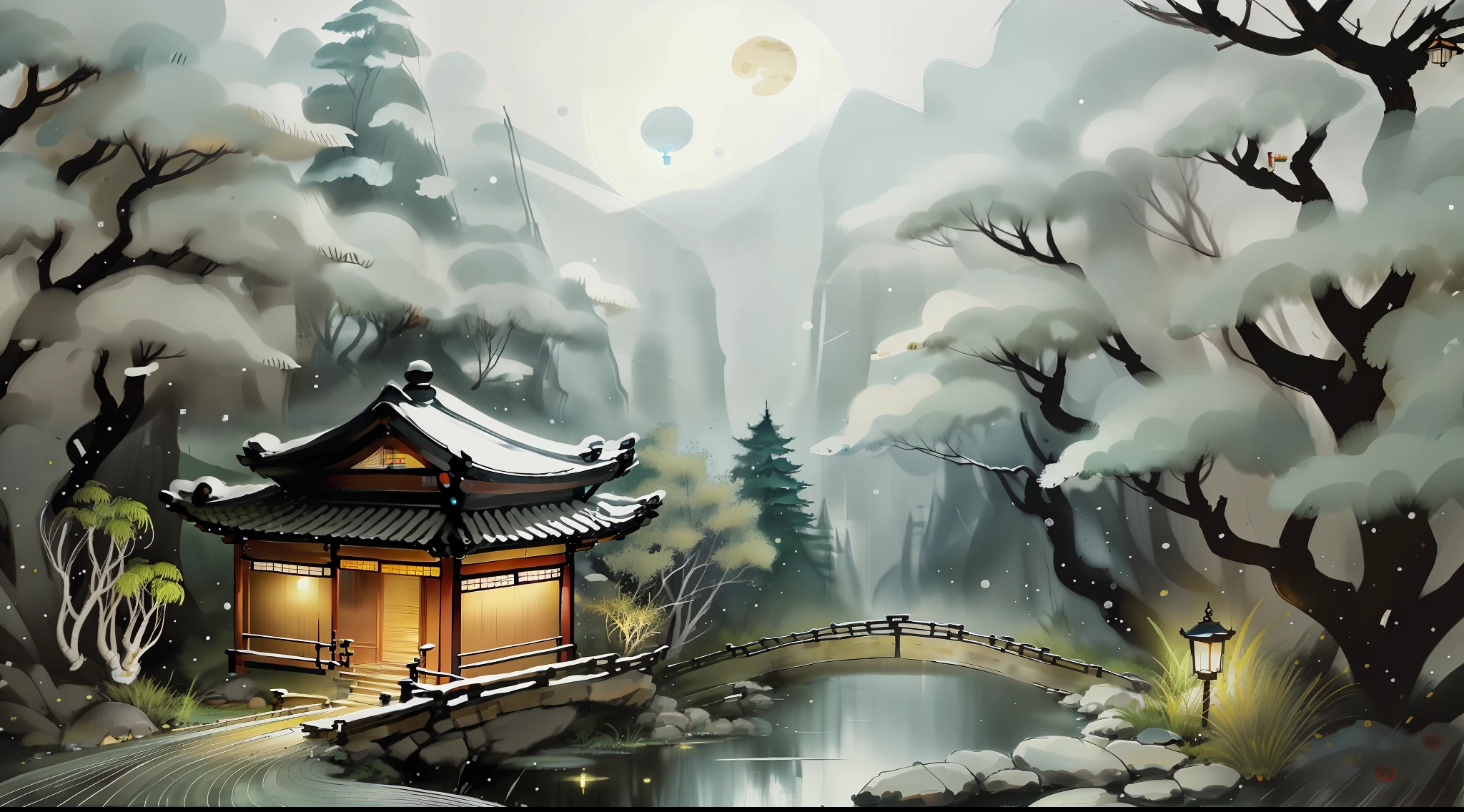 masterpiece,best quality,Chinese martial arts style,an snowing asian night scene with lanterns and water lilies,asian pond with many lanterns and boatsa night scene with many lights and boats in the water, snowflakes ,Lake surface, lotus flowers,beautiful night scene,(((Chinese martial arts style))), with vast sky, continuous mountains and steep cliffs, ink wash style, outline light, atmospheric atmosphere, depth of field, mist rising, bamboo, pine trees, octagonal stone pavilion, waterfall flowing water,big full moon,(No color) , Monochrome, light color,