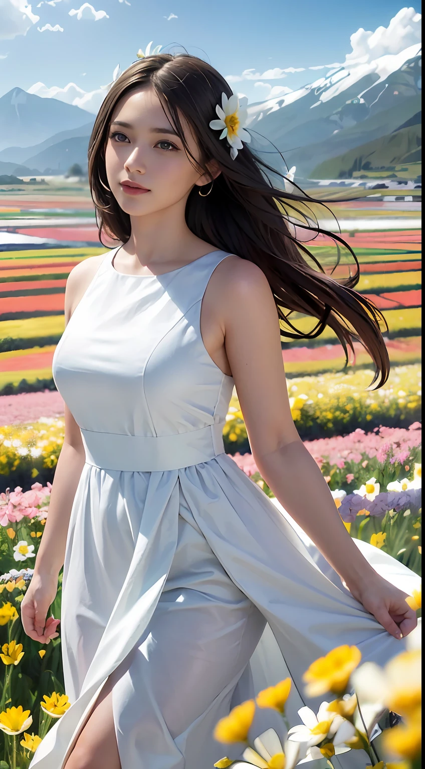 1girl, dynamic angle, cloud and mountain, (flower field:1.4) in the foreground, white dress, light tracing, (floating colorful wind:1)
(photorealistic:1.4), official art, unity 8k wallpaper, ultra detailed, beautiful and aesthetic, masterpiece,best quality, glowing skin, cinematic lighting, light smile