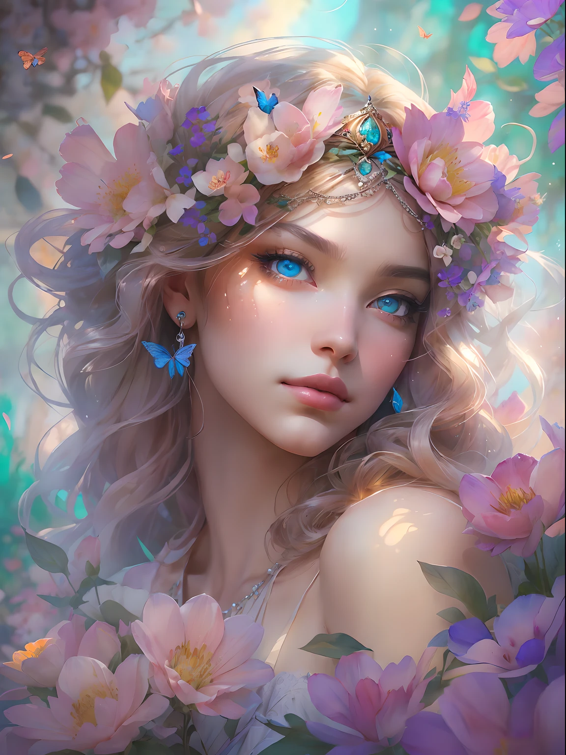 This artwork is dreamy and in the style of mythic fantasy, with soft watercolor hues in varying shades of pink, blue, and purple. Generate an ornate figure from Greek mythology and realistic skin and hair texture. Her strong, proud face has realistically shaded eyes and puffy lips, and a big mouth. Her soft, realistic hair is dancing in the breeze along with the flowers and detailed butterflies that surround her. Include highly detailed fantasy touches including a beautiful watercolor sky. Include 8k eyes, hires eyes, beautiful detail eyes, beautiful detailed eyes, and realistic eyes. Include fantasy details, enhanced details, iridescence, and colorful glitter. Pay special attention to her face and make sure it is beautifully and realistically detailed. 8k, intricate, elegant, highly detailed, majestic, digital photography, art by artgerm and ruan jia and greg rutkowski, (((masterpiece, finely detailed beautiful eyes: 1.2))), hdr, ((realistic skin texture)), rays of light, ornate flowers, dew drops, sunlight, hazy rays of sun, flowergateway style, castle, palace, archway, flowers, growing