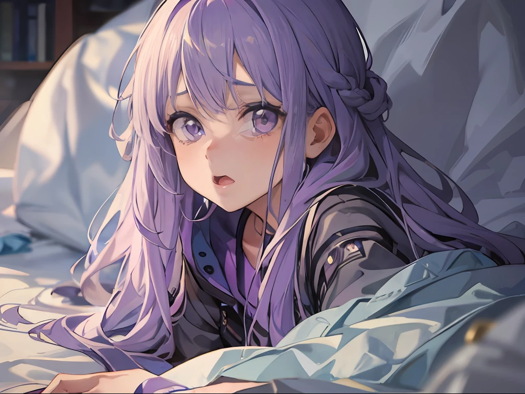 Best quality, tmasterpiece, A 12-year-old girl，Long light purple hair and purple eyes，Sitting on a shabby bed covered with a thick quilt，Confused and surprised expressions